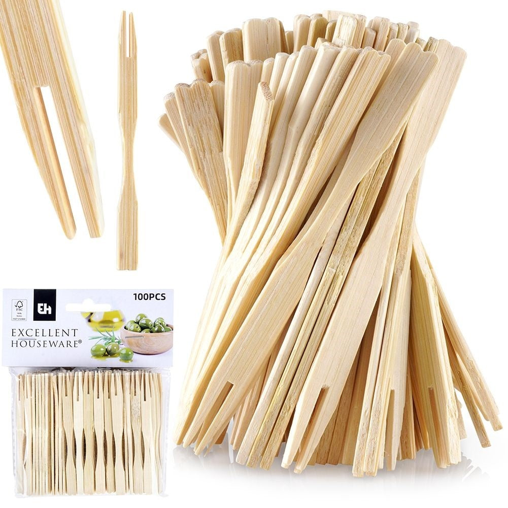 100 Trägafflar av Bambu för Snacks & Förrätter - Engångsartiklar