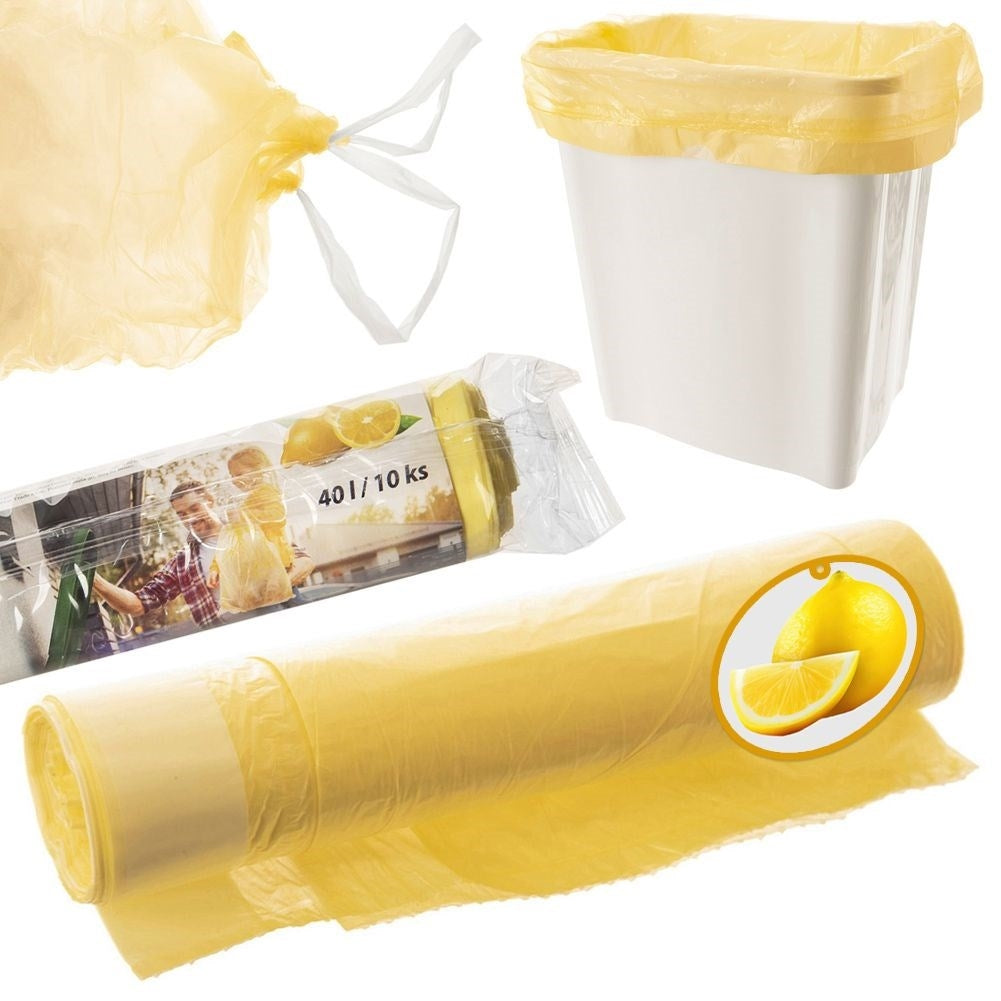 10-pack gula soppåsar 40L HDPE med citrondoft och dragsnöre