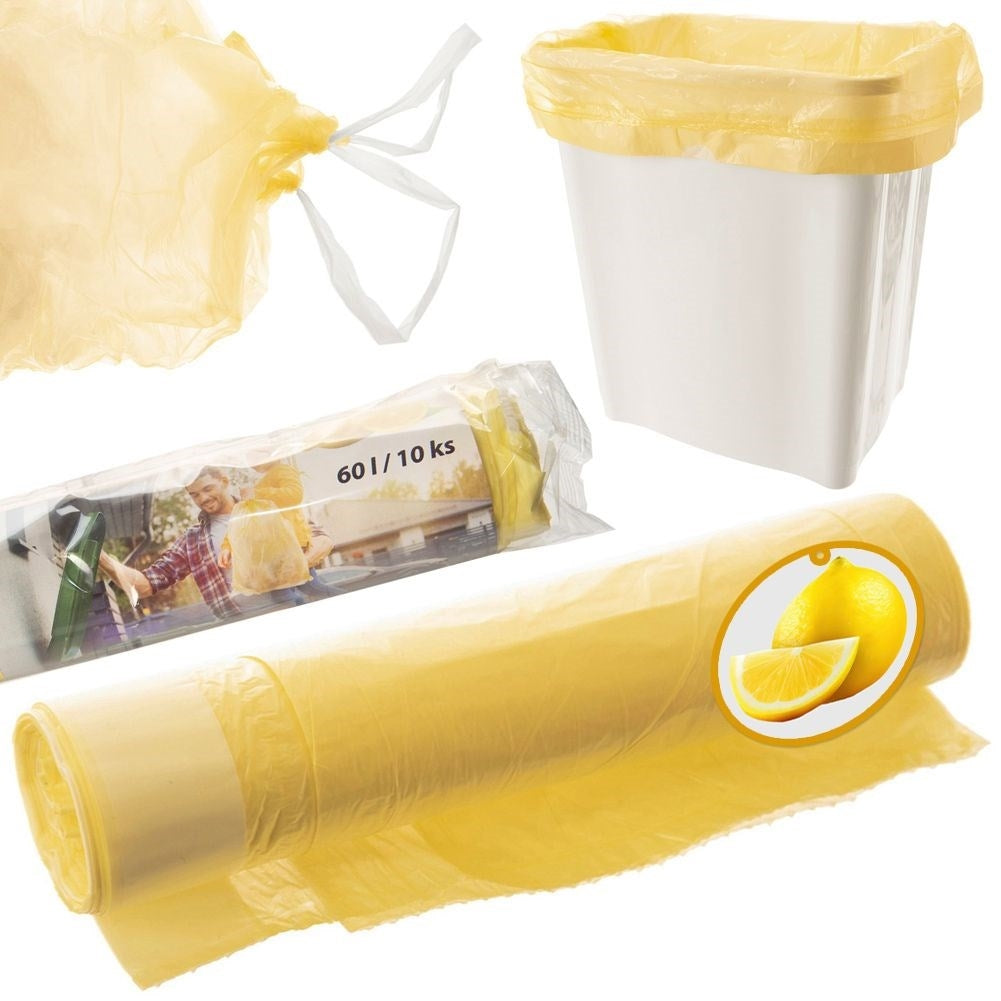 10 st gula soppåsar 60L HDPE med citrondoft och dragsnöre