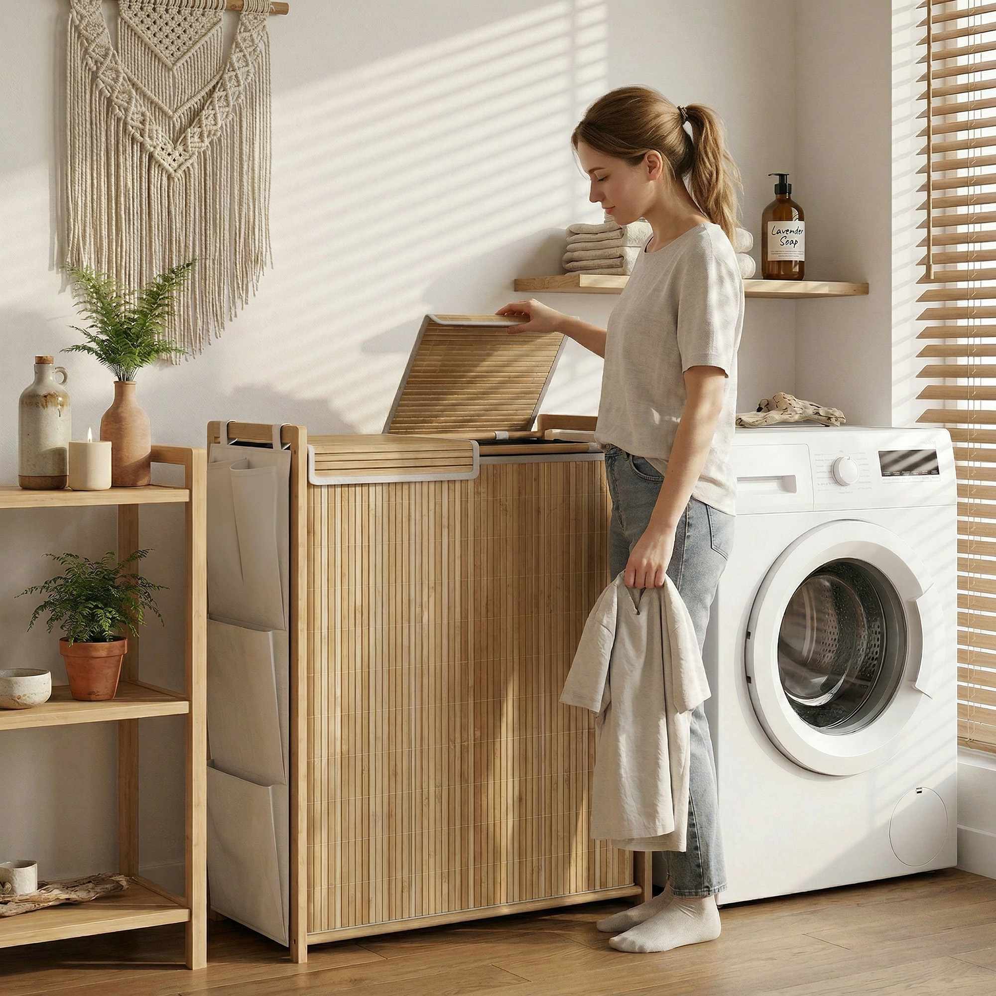 120L tvättkorg i bambu med lock och sidofickor
