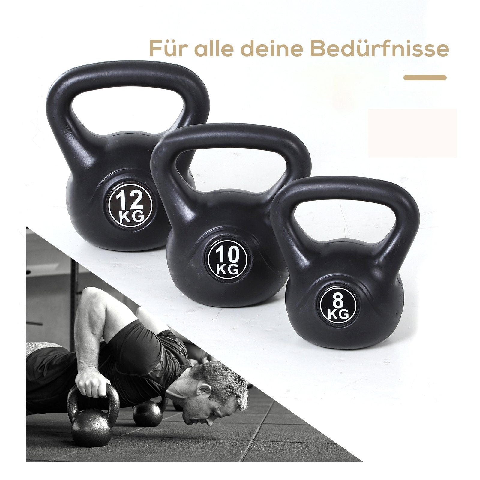 12 kg sandfylld kettlebell, svart, plast, nybörjarvänlig
