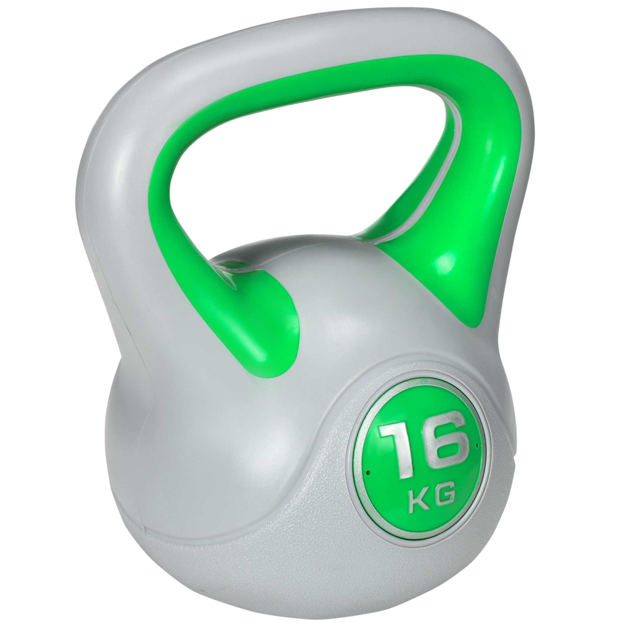 16 kg kettlebell med platt bas och brett grepp, grön