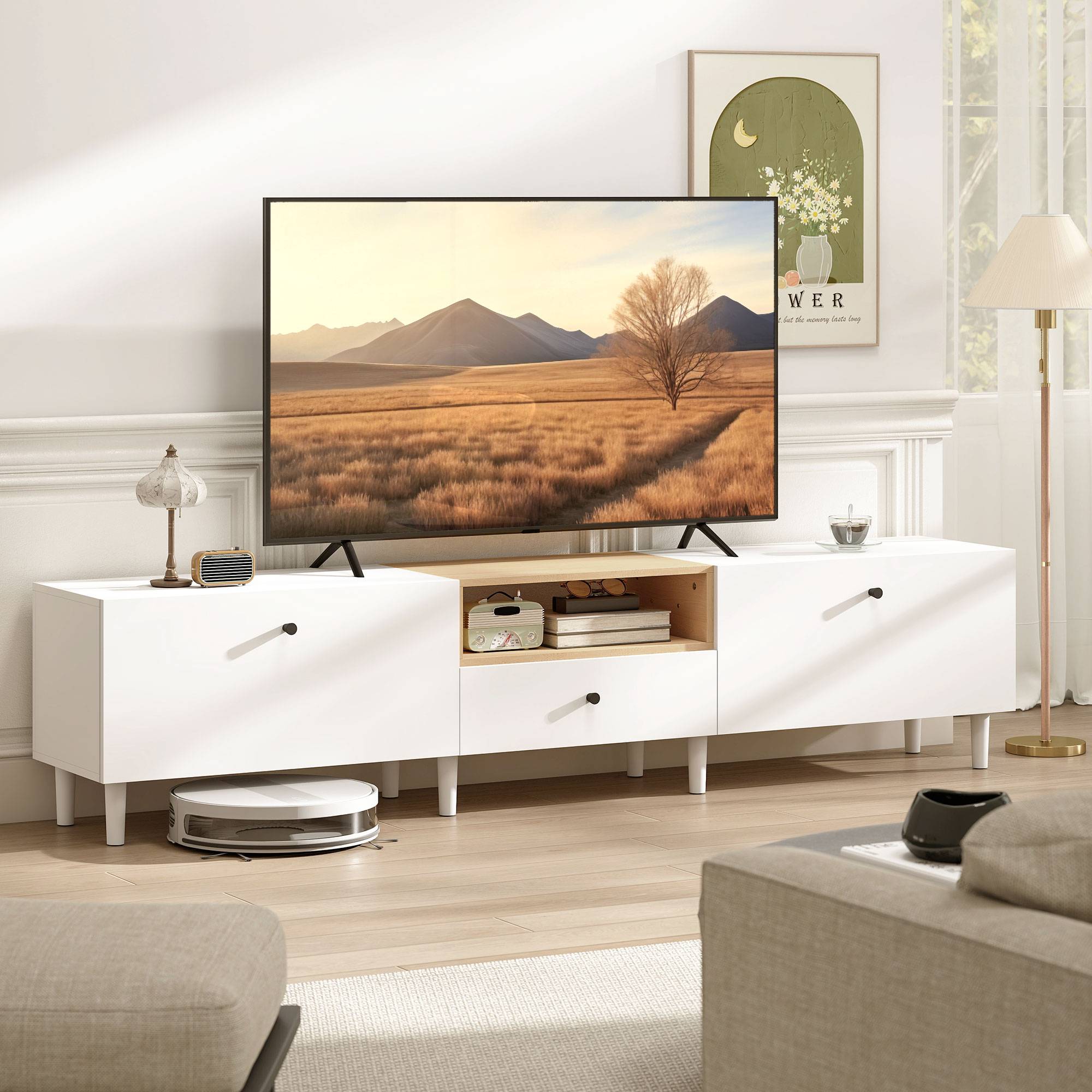 200 cm TV-stativ för 90-tums TV, 2 dörrar, låda, vit