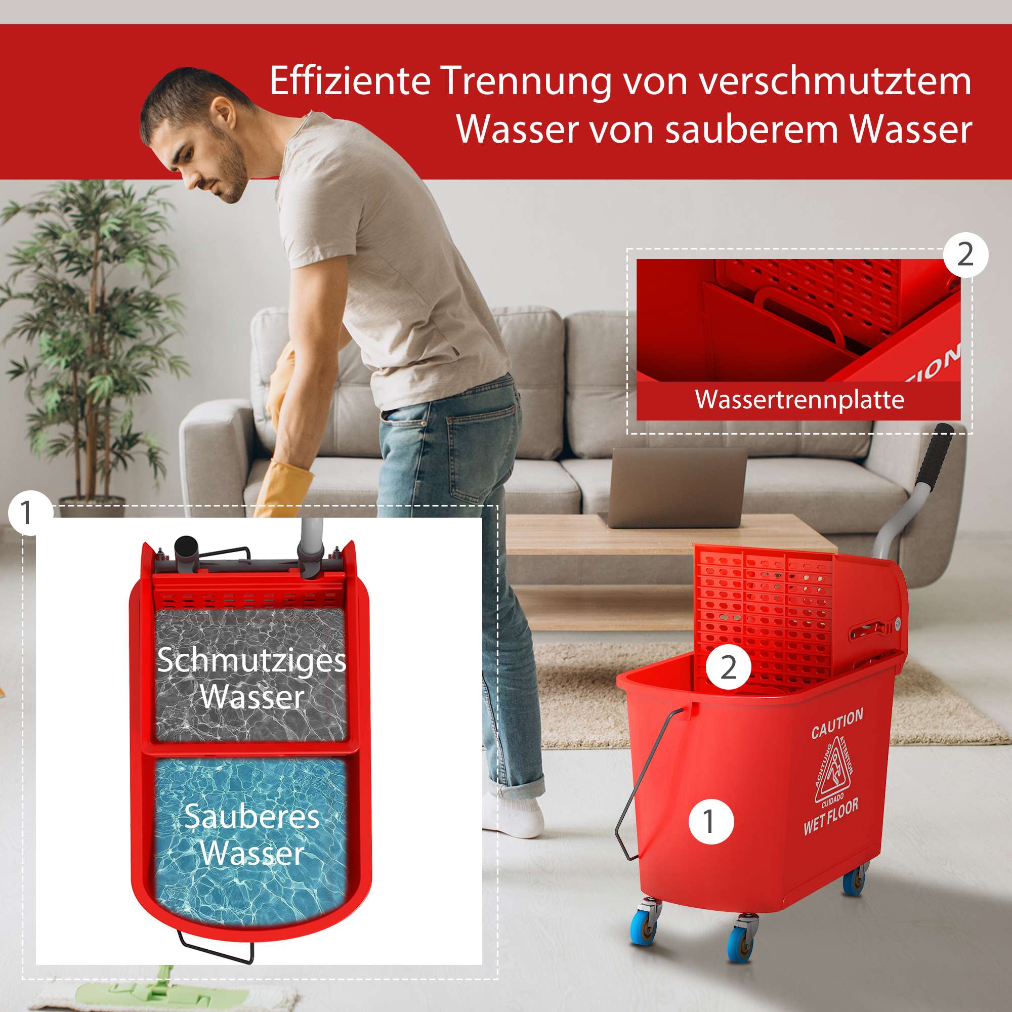 20L mopphink med vrider, hjul, röd plast