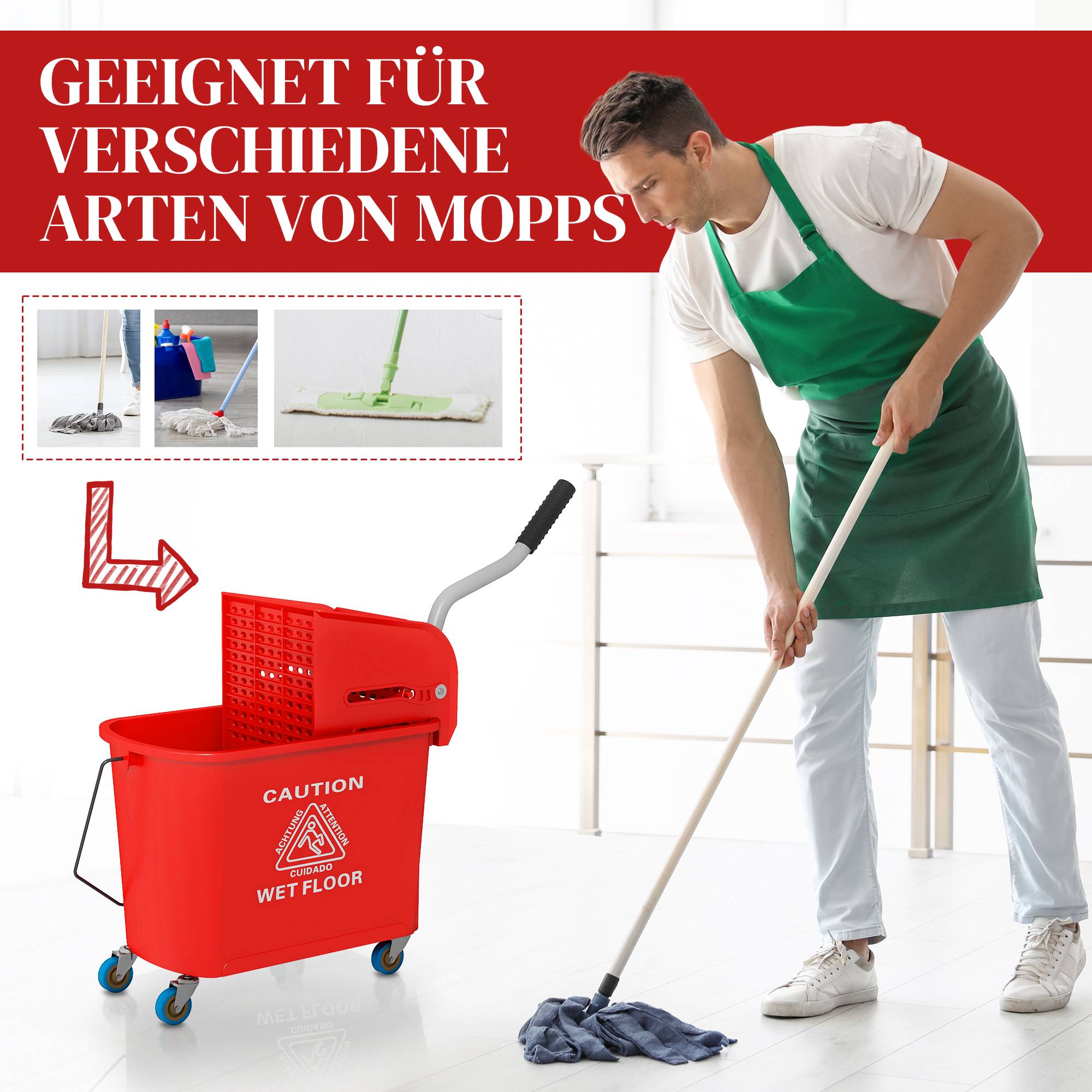 20L mopphink med vrider, hjul, röd plast