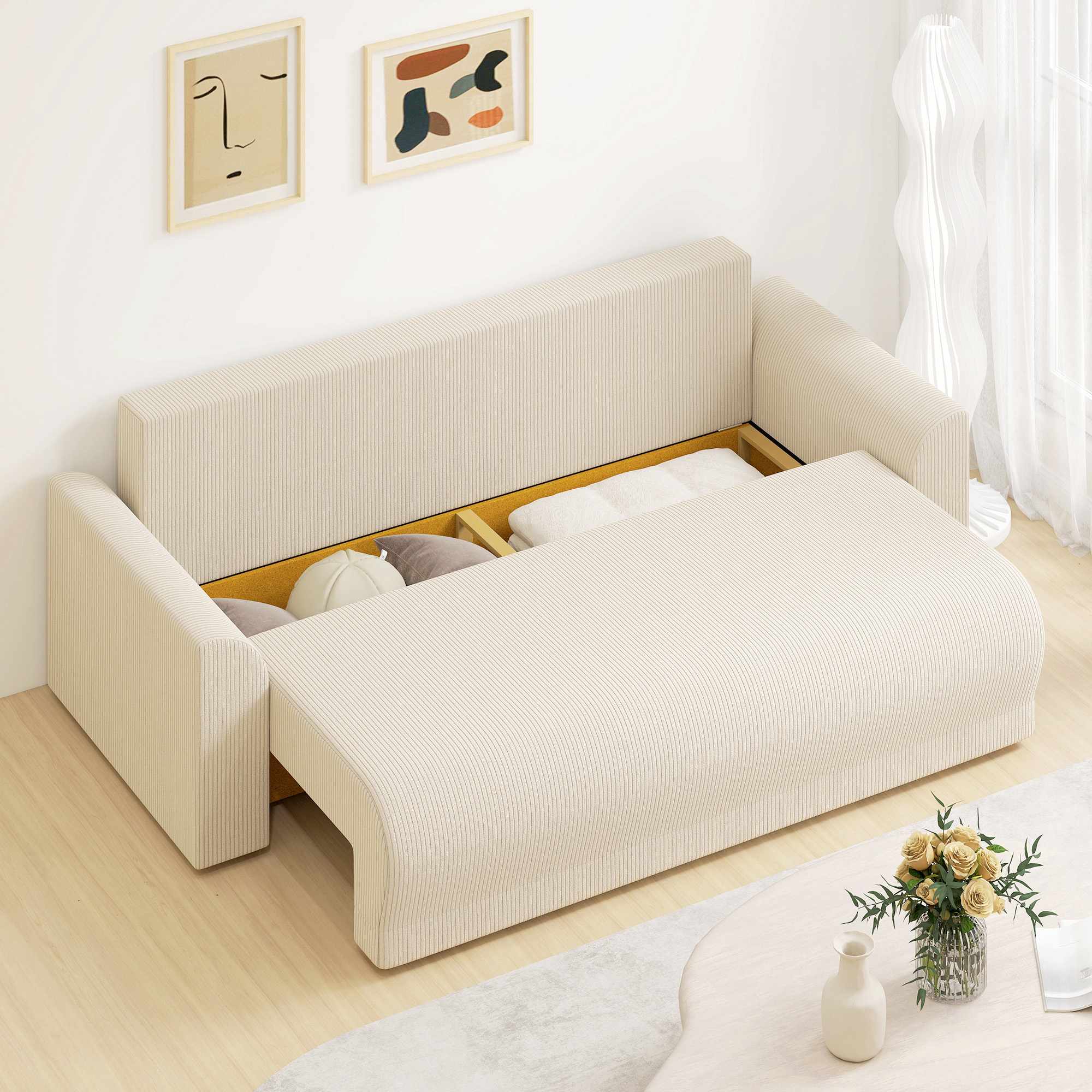 230 cm 3-sits bäddsoffa, förvaring, manschettbeige
