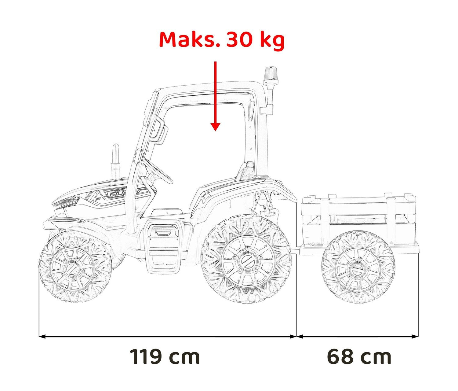 24V barnetraktor med henger, fjernkontroll, LED-lys, MP3