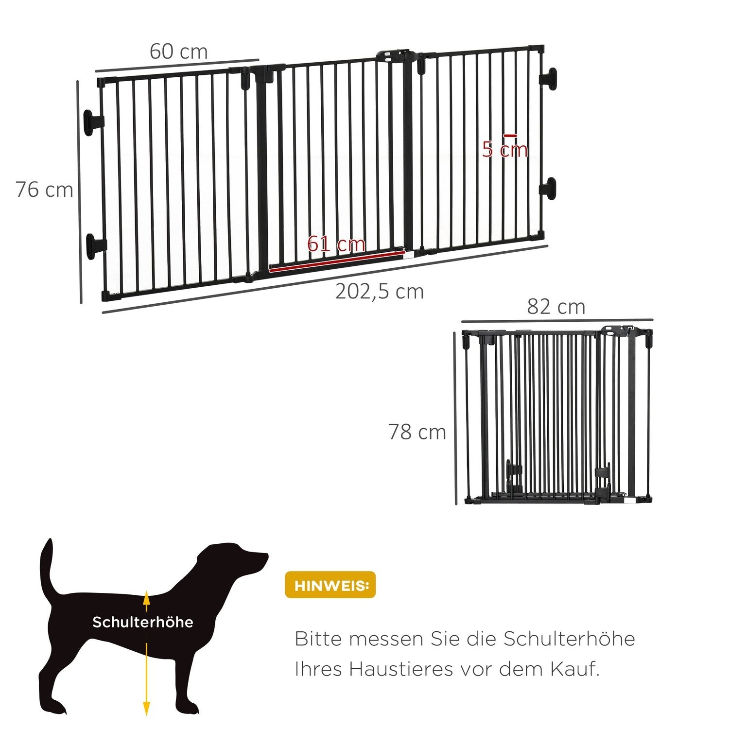 Hundesperre med automatisk dør justerbar, sammenleggbar, 3 paneler, 202,5 ​​x 76 cm