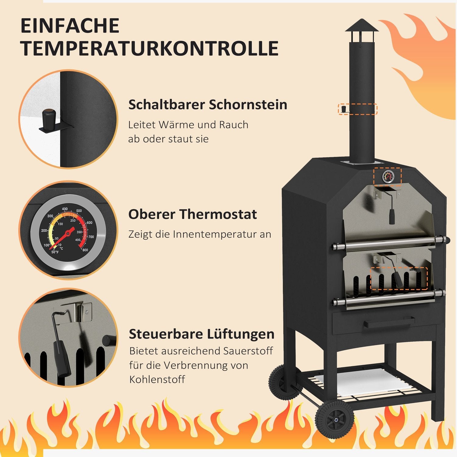 2-In-1 Pizzaugn, Utomhusgrill Med Pizzasten, Askfack, 2 Grillställ, Vedugn Med Hjul, Termometer, För Trädgård, Svart