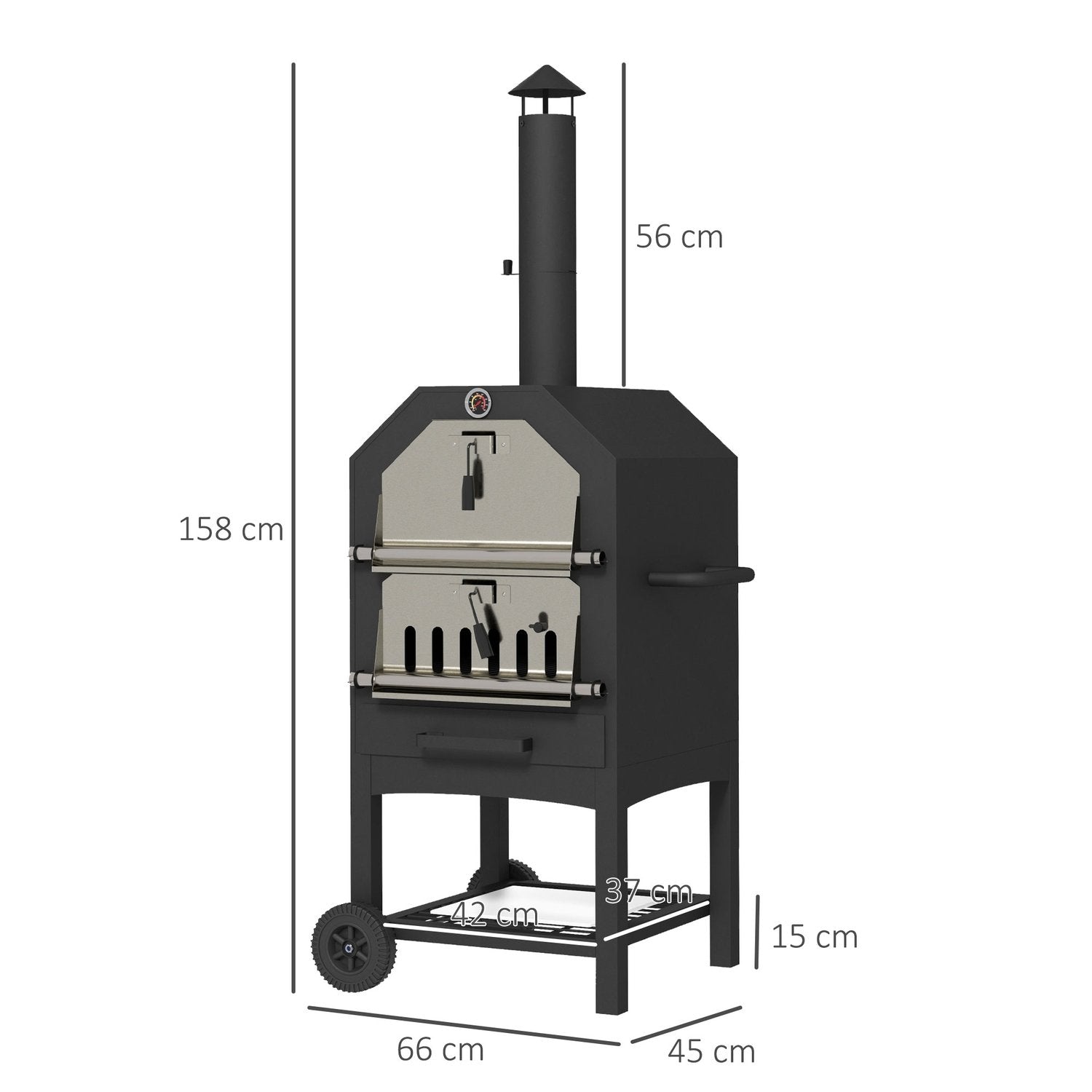 2-In-1 Pizzaugn, Utomhusgrill Med Pizzasten, Askfack, 2 Grillställ, Vedugn Med Hjul, Termometer, För Trädgård, Svart