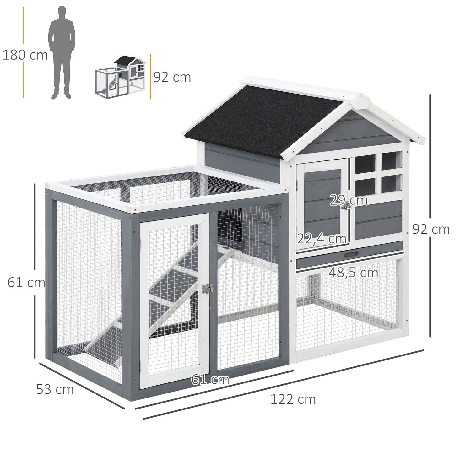 Kaninbur Smådyrbur 122X62,6X92cm Smådyrhus Dvergkaninbur Avtagbart gulvbrett og rampe