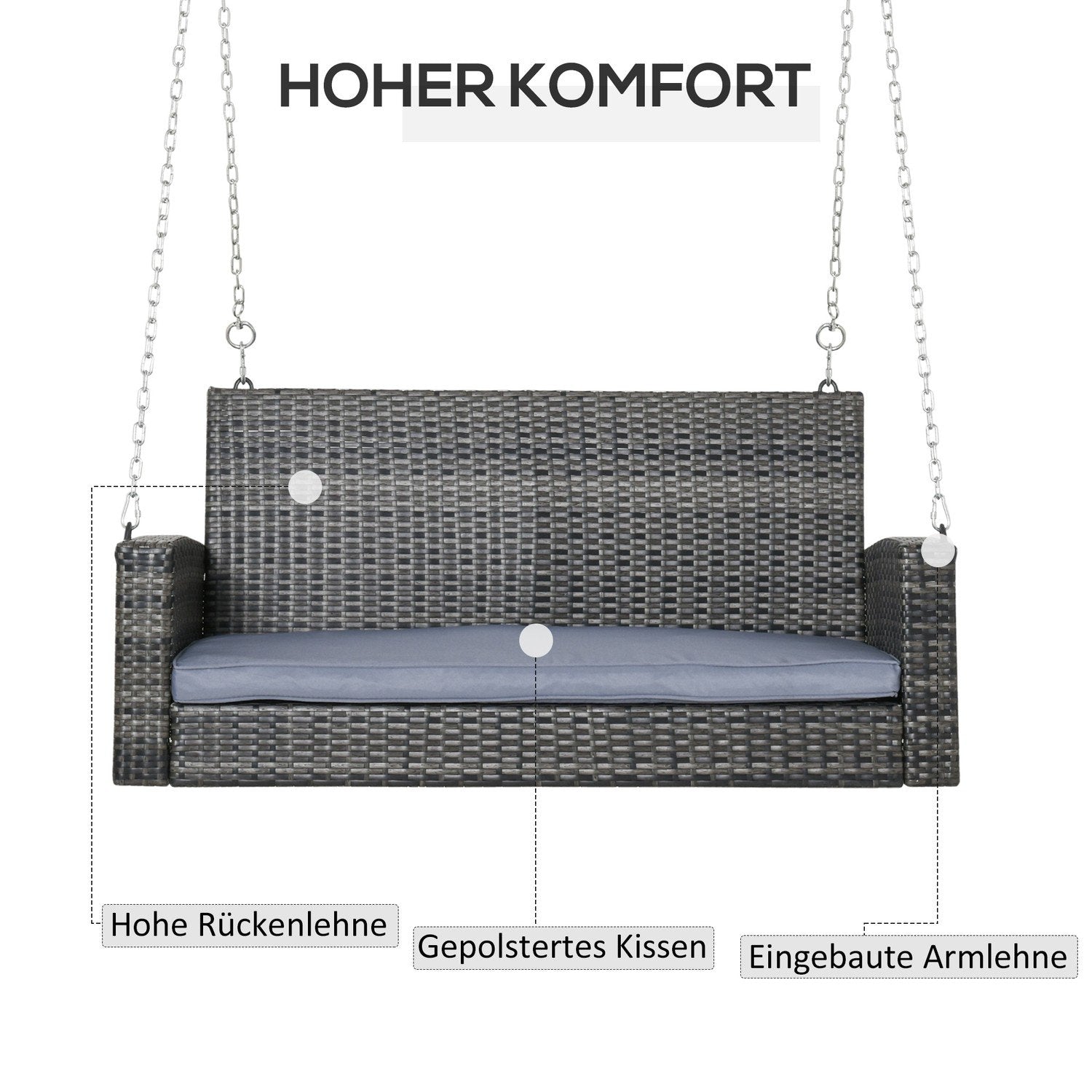 Hengebenk 2-seters rotting hagehuske med setepute, hengende huske, Hollywood huske, grå, 127 x 57,5 ​​x 60 cm