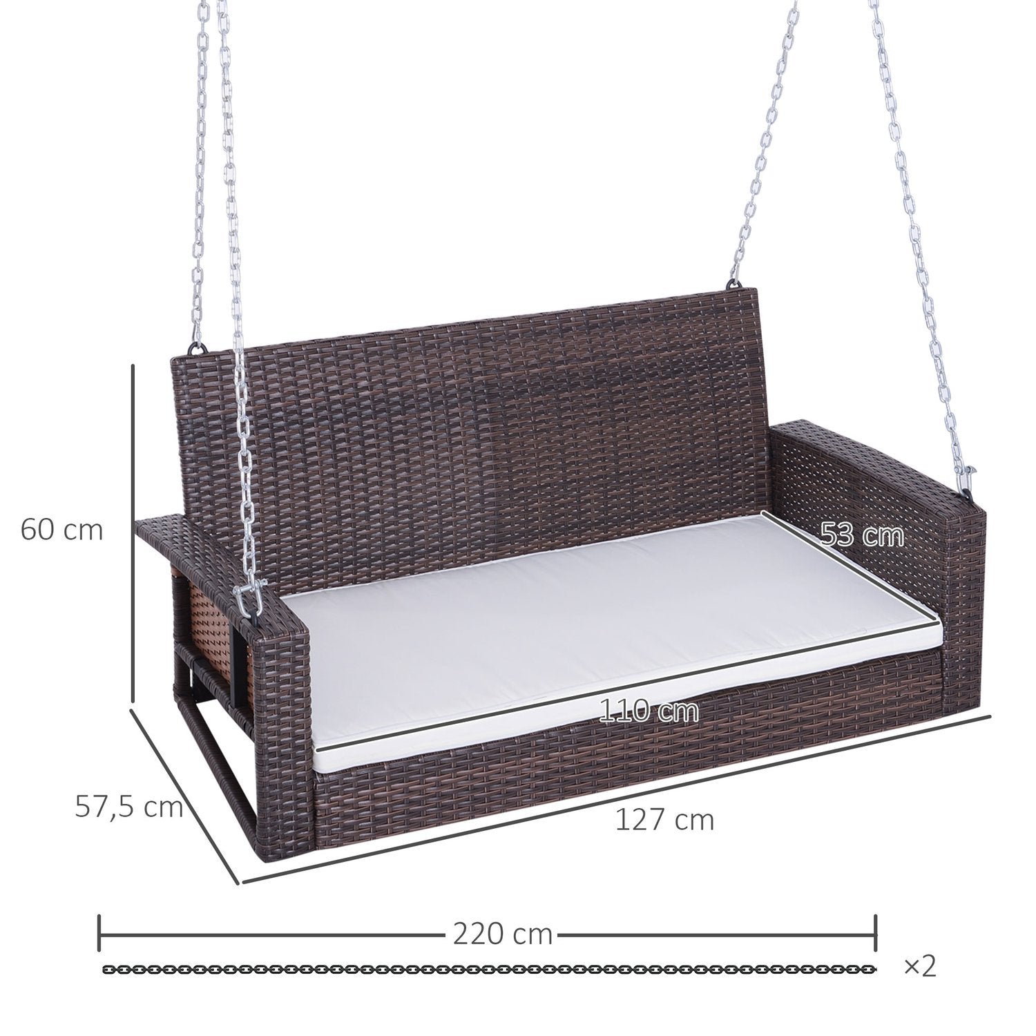 Hengekøye 2-seters rotting hagehuske med setepute Hengekøye Hollywood huske hagebenk Brun 127 X 57,5 ​​X 60 Cm