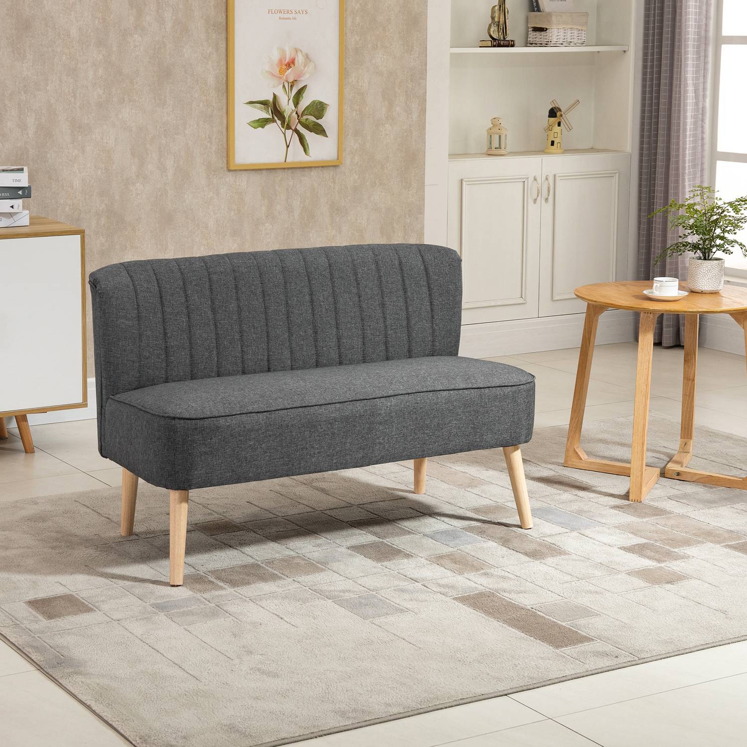 2-Sits Tygsoffa Stoppad Soffa Sittgrupp Lounge Soffa Träskum Mörkgrå 117 X 56,5 X 77 Cm