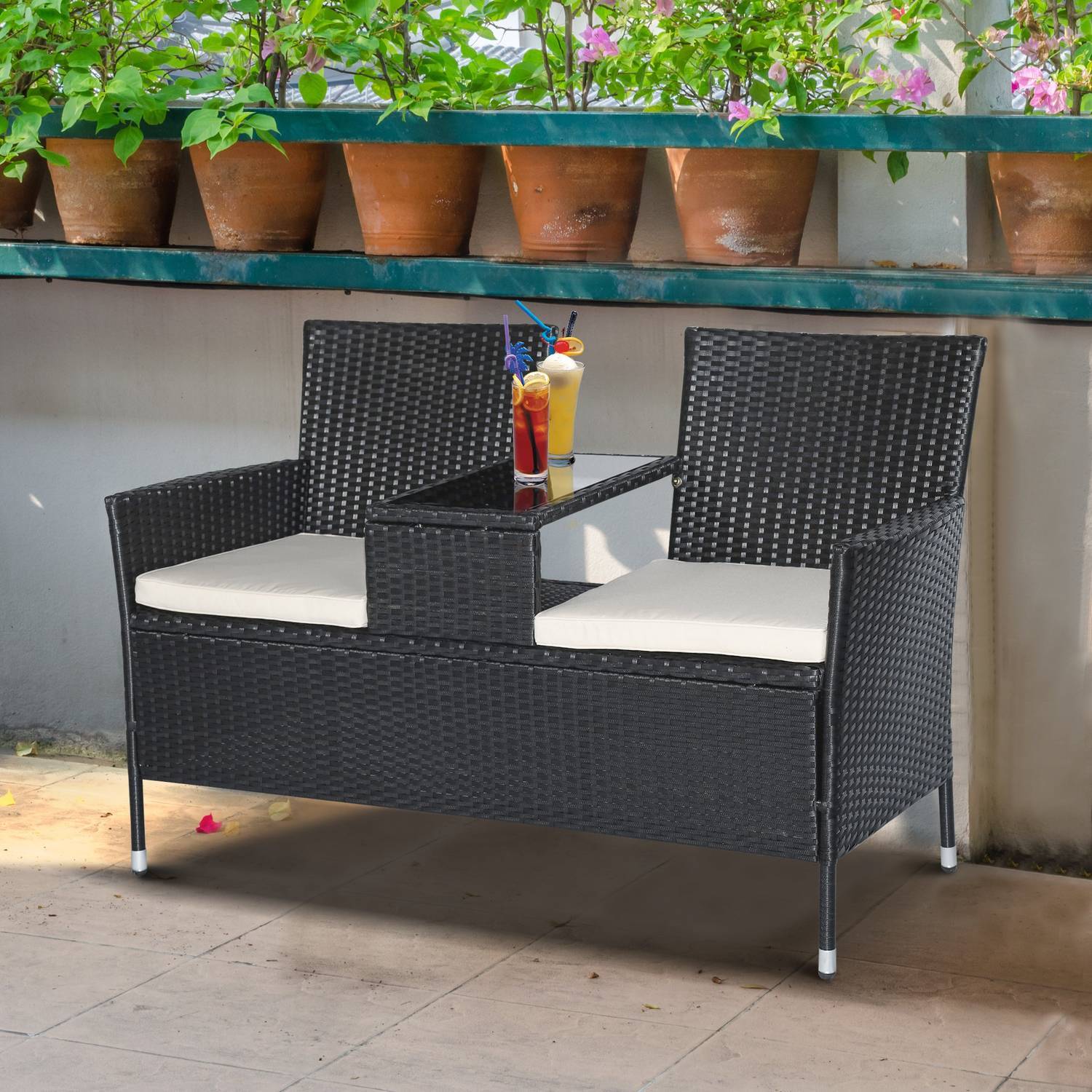 Polyrattan Trädgårdsbänk Trädgårdssoffa Bänk Med Bord 2-Sits Stål Svart B133 X D63 X H84Cm