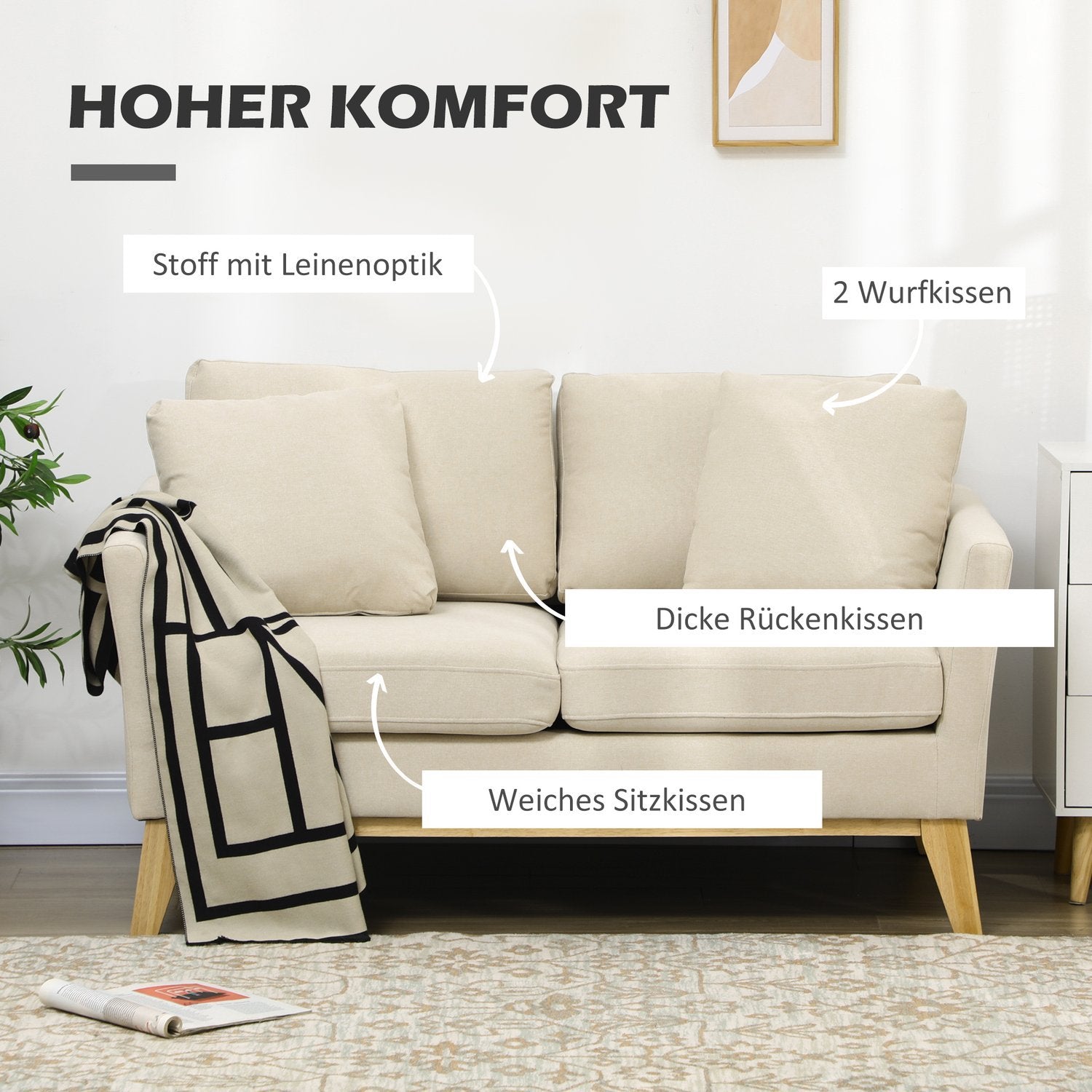 2-Sits Soffa Dubbelsoffa I Linnelook, Tvåsits Med Kuddar, Loveseat Med Träben, Upp Till 150 Kg, Beige, 137 X 78 X 78 Cm