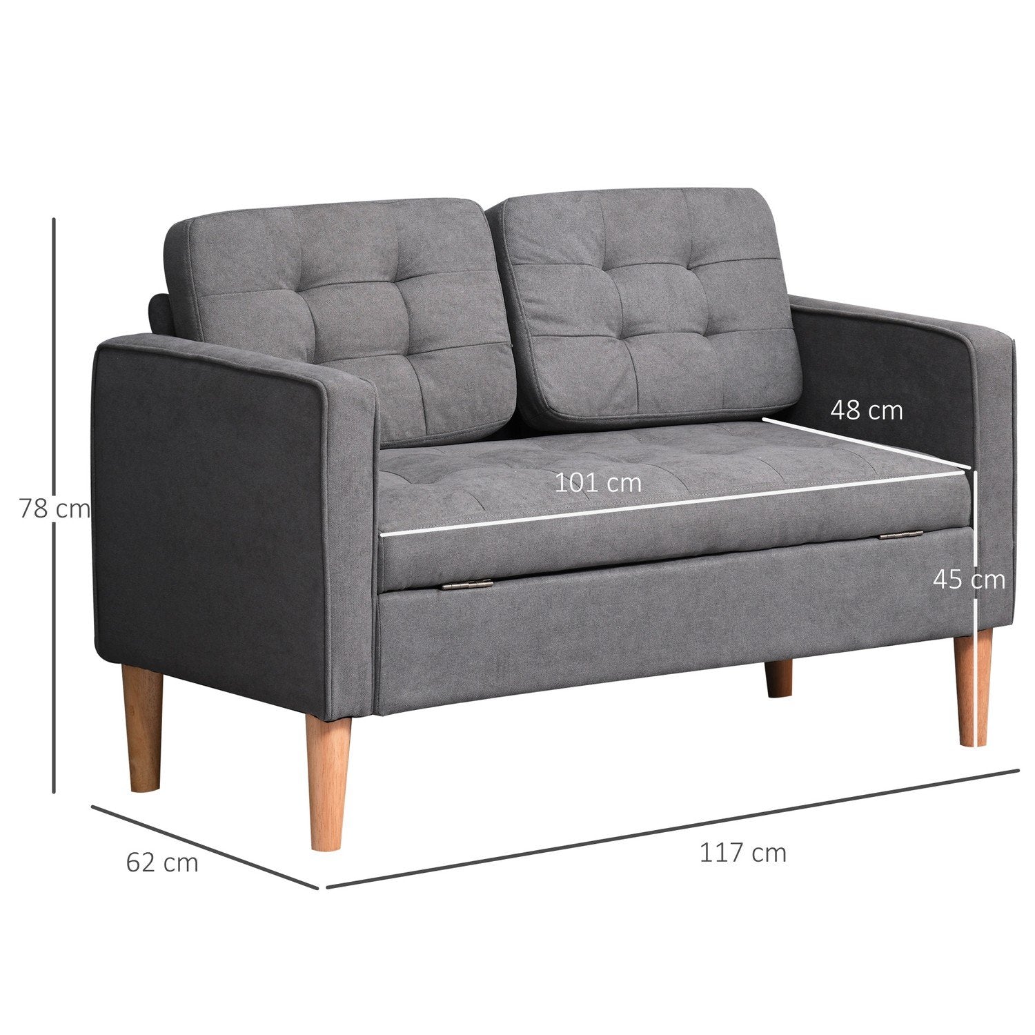 2-Sits Soffa Tygsoffa Dubbelsoffa Avtagbar Med Kuddar Gummiträ Bomullsgrå 117 X 62 X 78 Cm