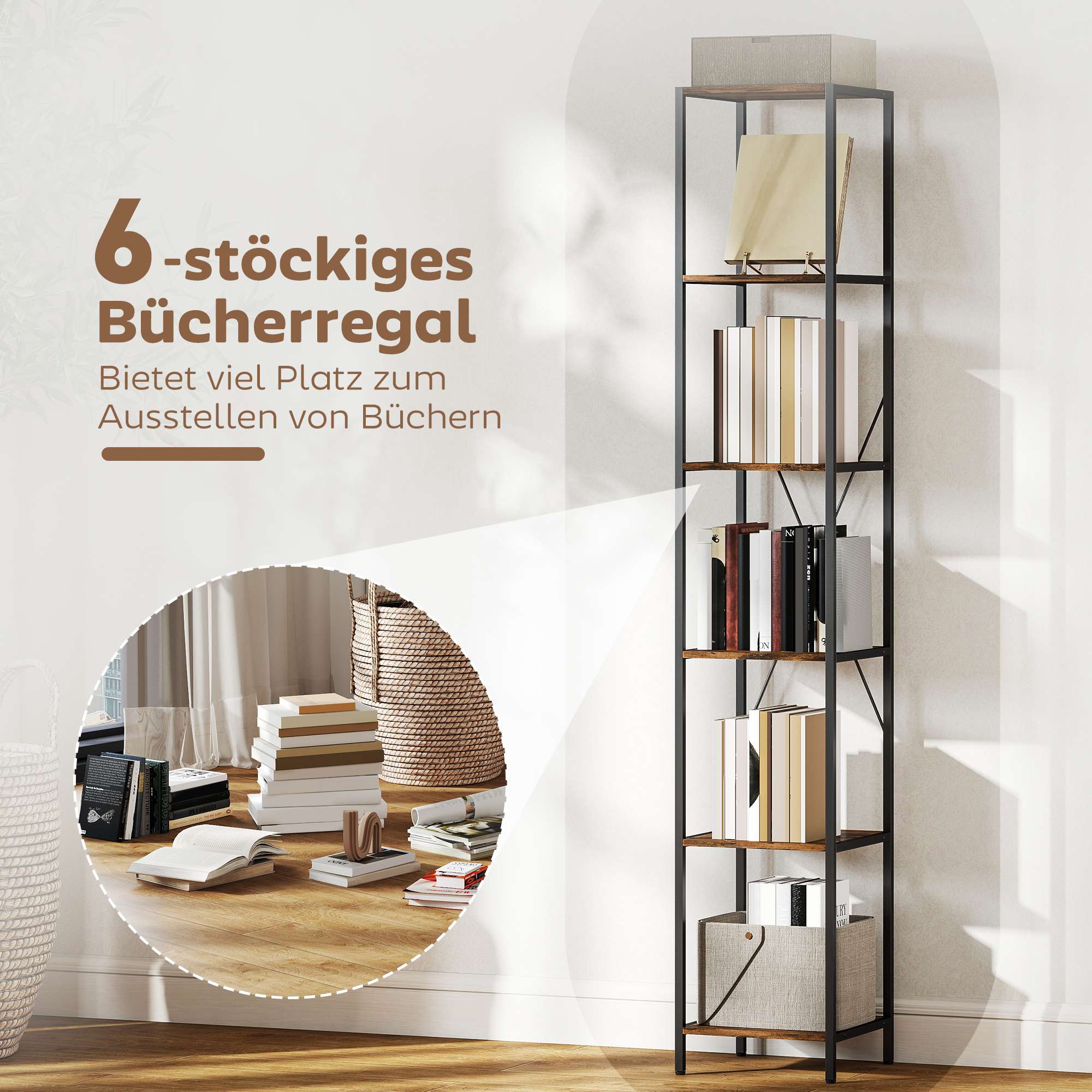 2-delat bokhylleset med 6 våningar, stålram, rustik brun