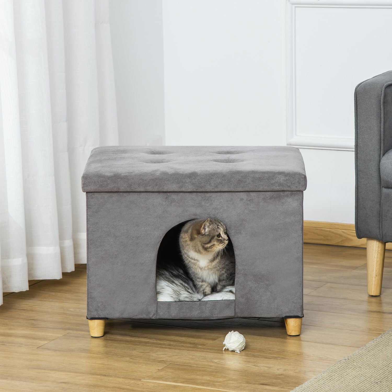 2-i-1 Cat Cave Fotpall med kudde, träben, grå