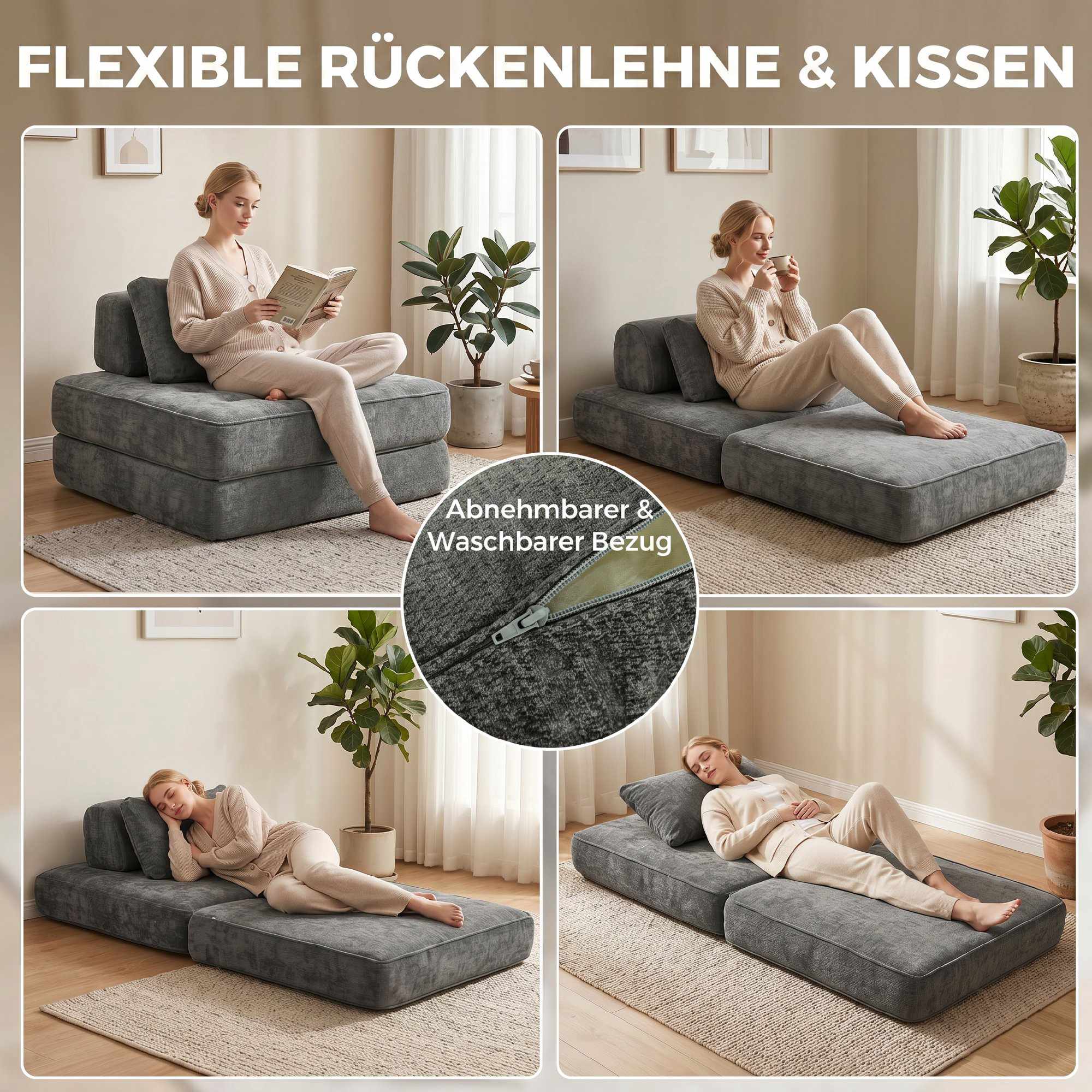 2-i-1 Konvertibel Chenille-golvfåtölj till enkelsäng, grå