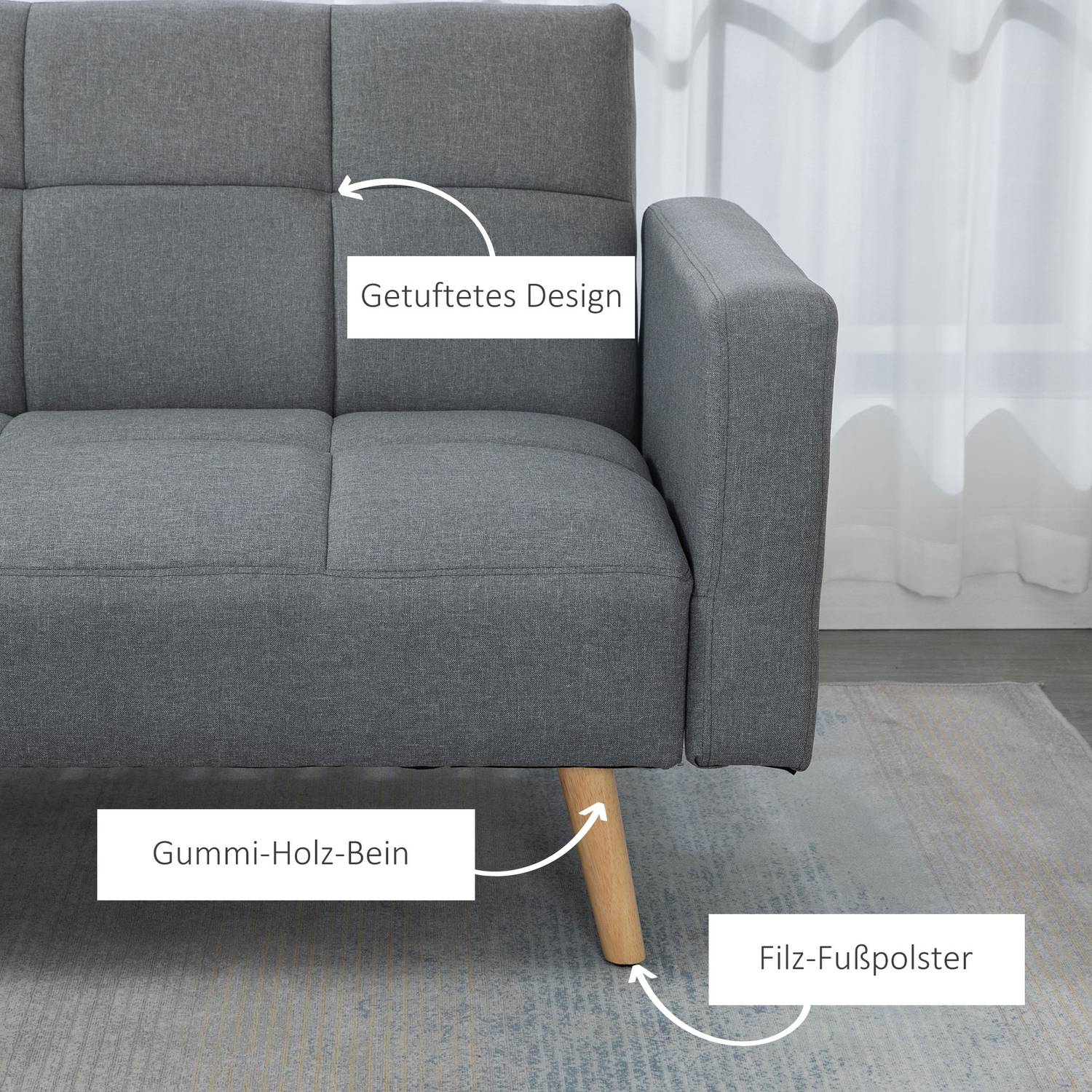2 i 1 bäddsoffa 205 x 88 cm soffa med sängfunktion, soffa med sittdyna, linne ser grå ut