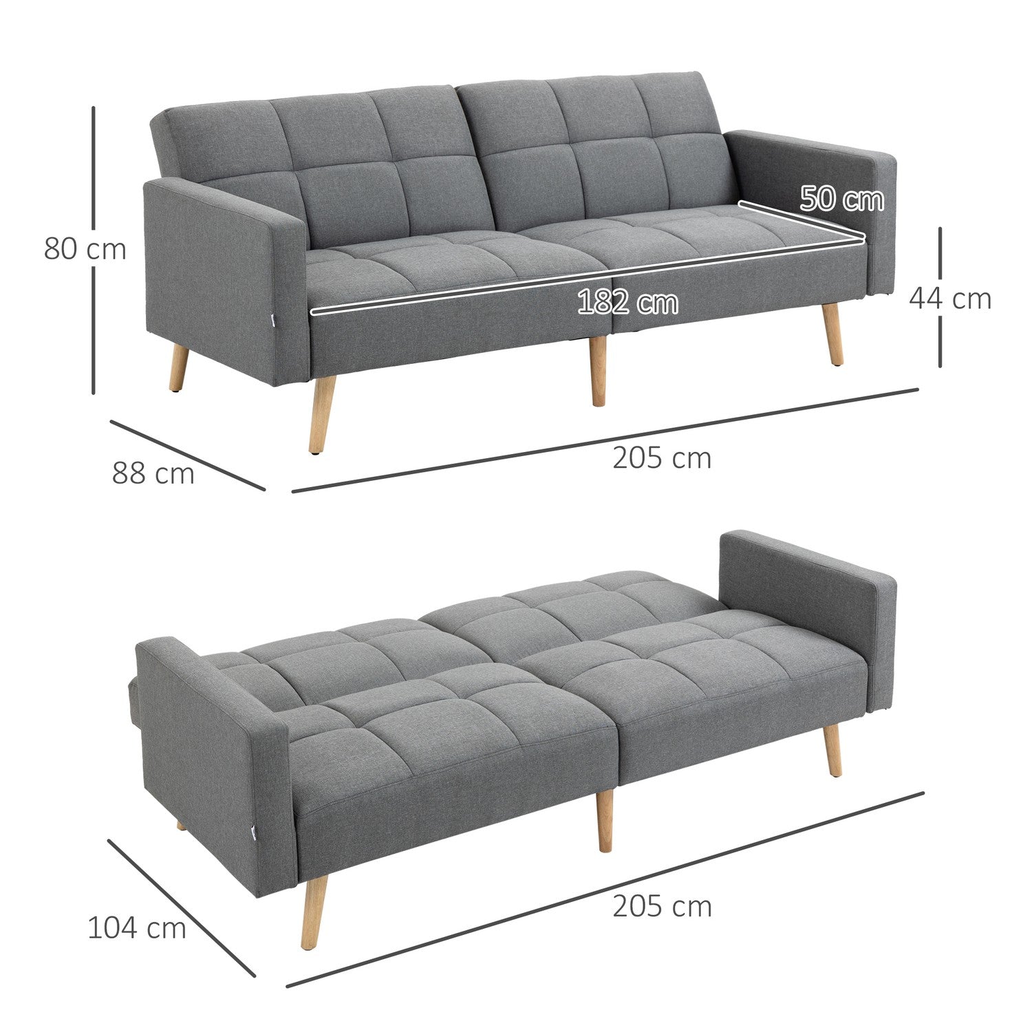 2 i 1 bäddsoffa 205 x 88 cm soffa med sängfunktion, soffa med sittdyna, linne ser grå ut