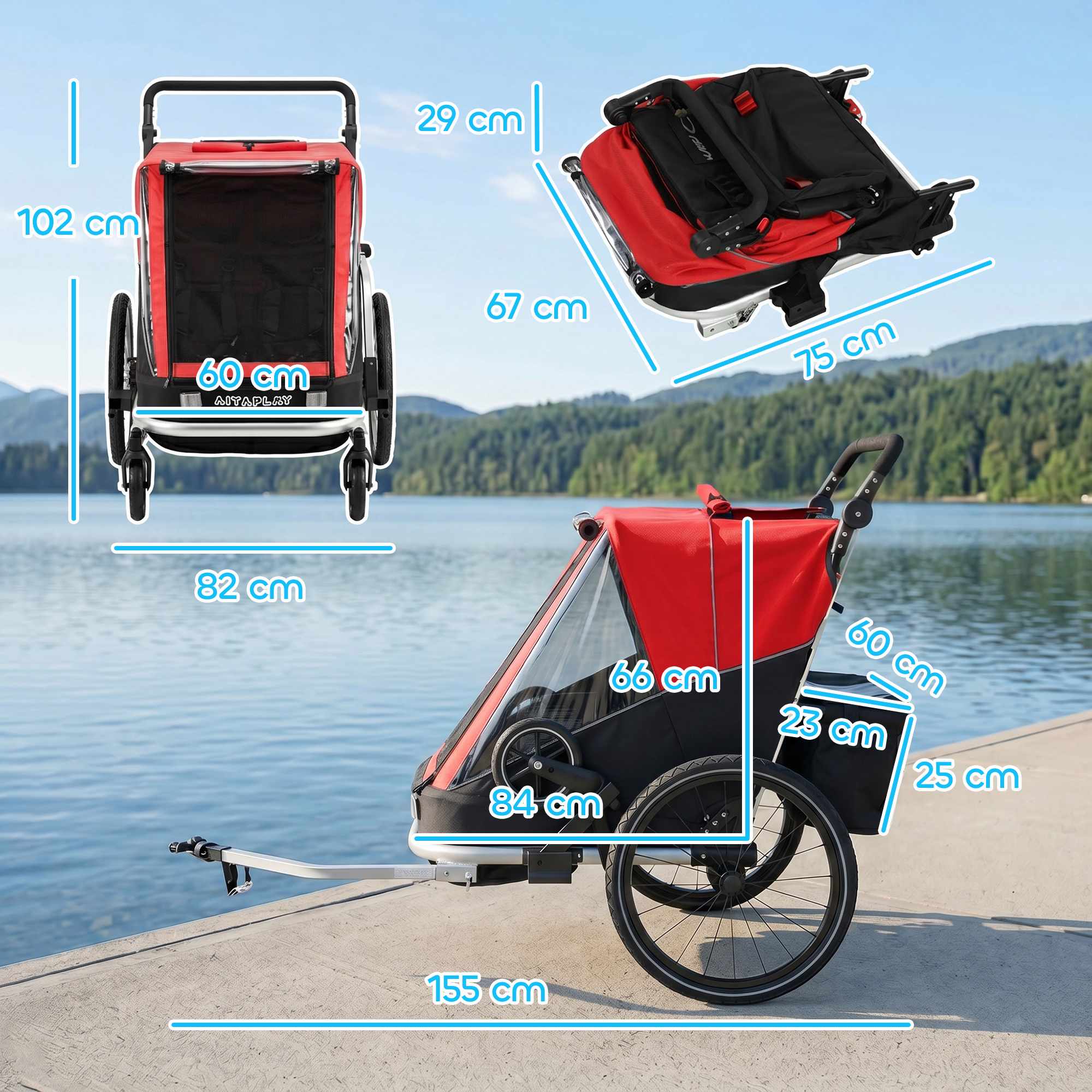 2-i-1 cykelvagn för barn, 2-sits, röd