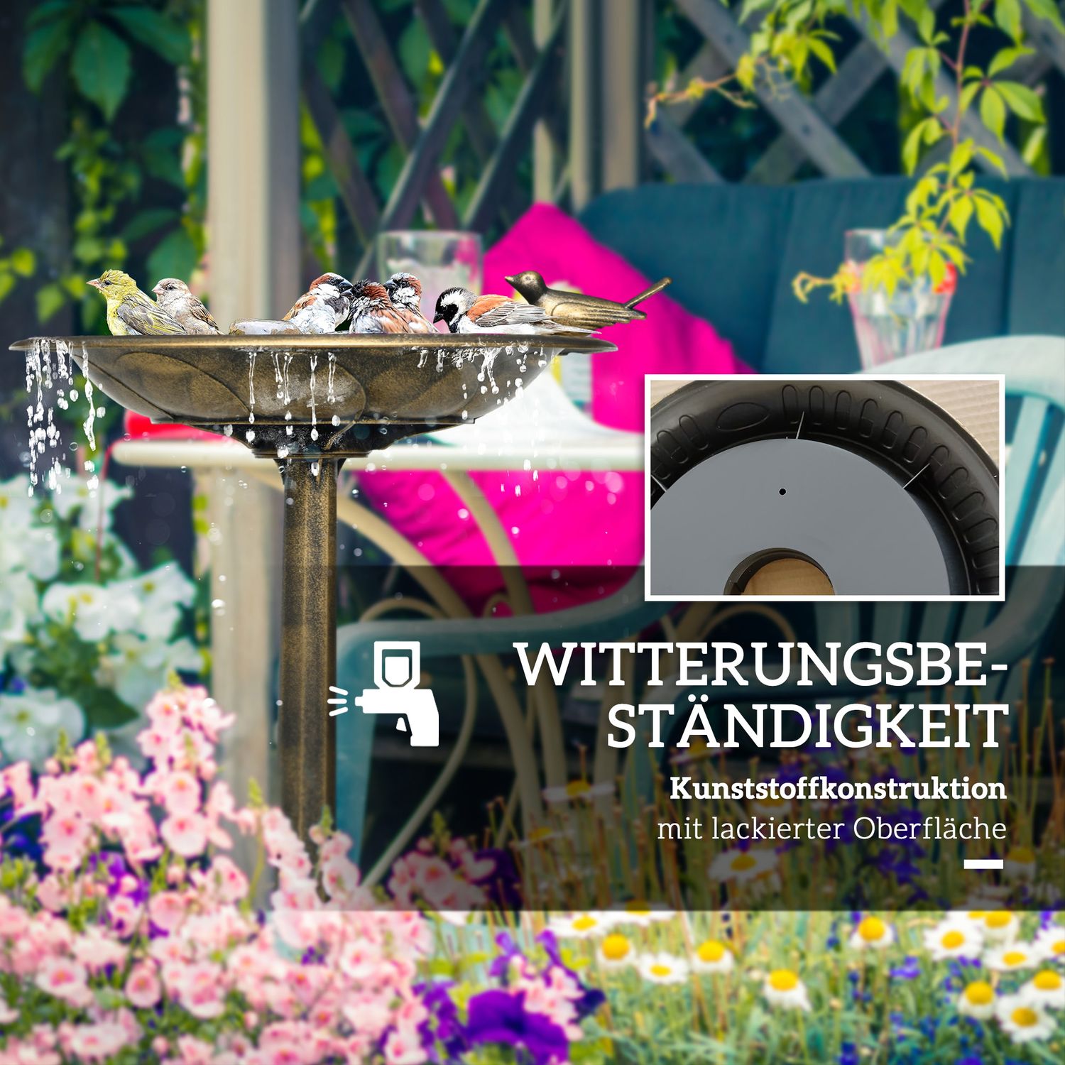 2-i-1 frostsäkert fågelbad i plast, 50x50x72 cm, brons