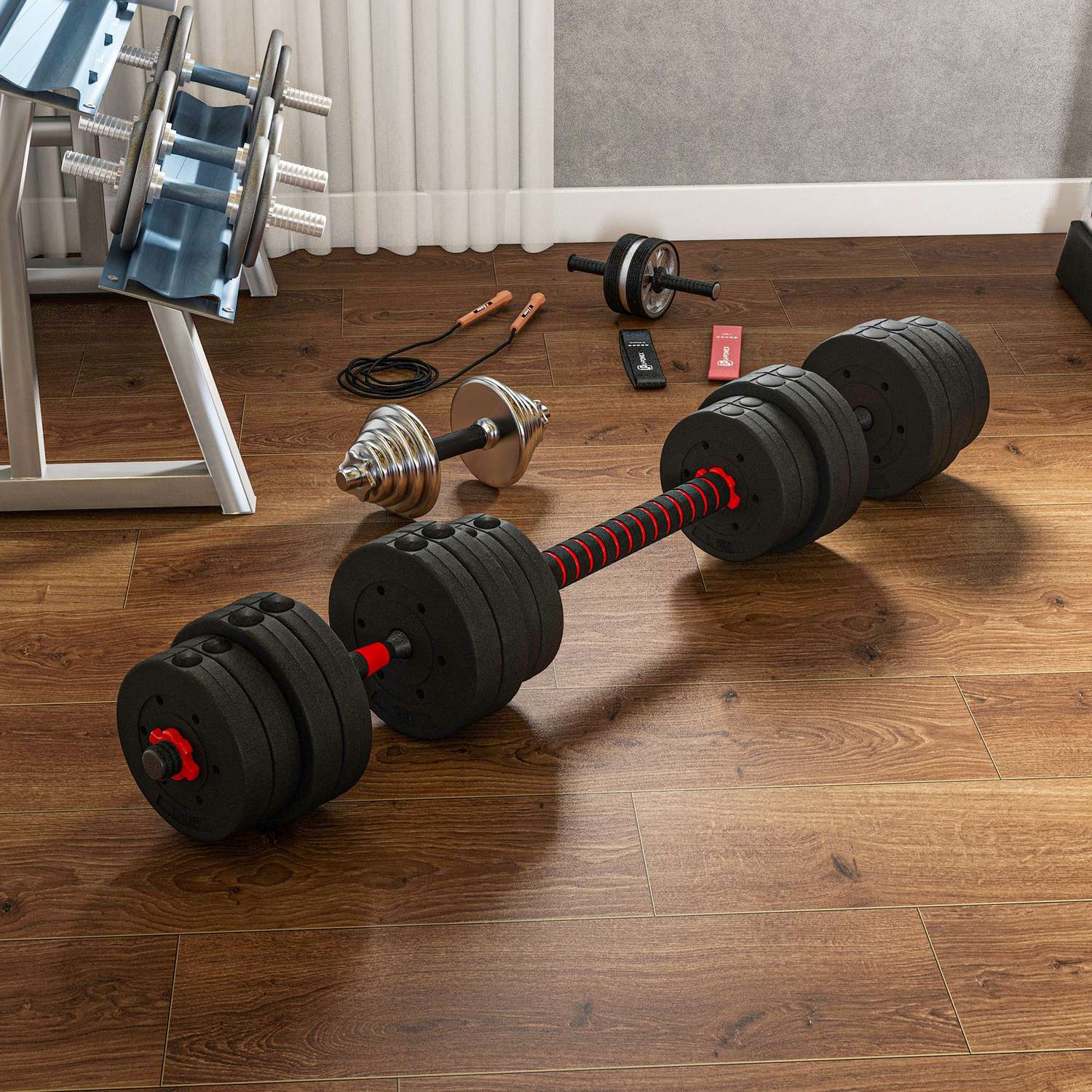 2 i 1 hantelset 30 kg justerbar hantel & skivstång professionell styrketräning för hantel svart