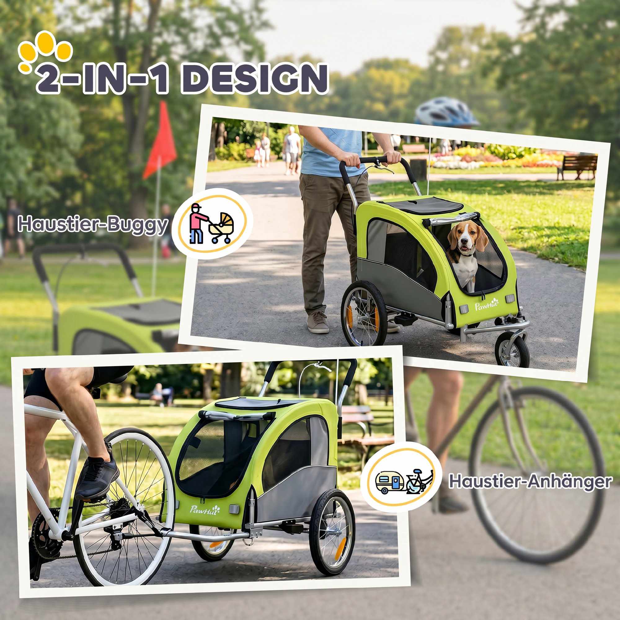 2-i-1 hundcykelvagn, hopfällbar, 20 kg – Grön