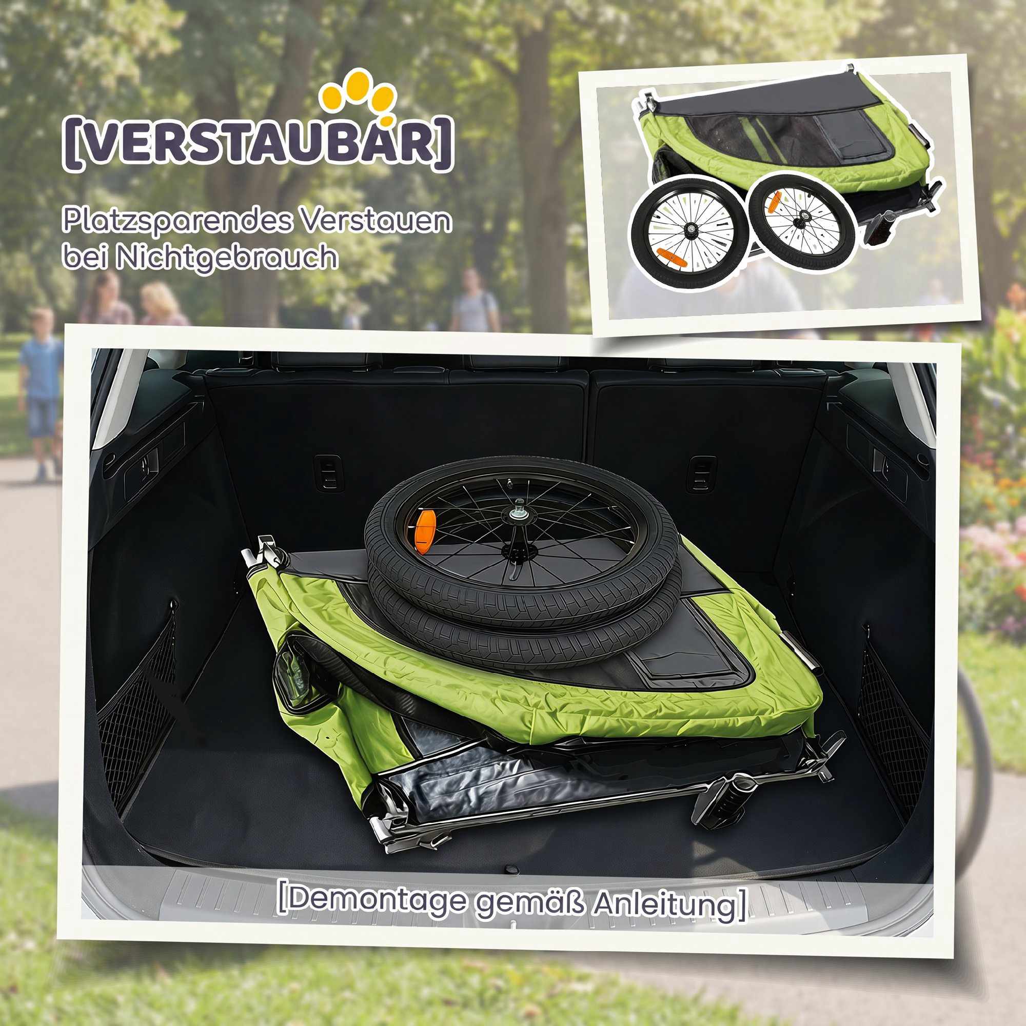 2-i-1 hundcykelvagn, hopfällbar, 20 kg – Grön