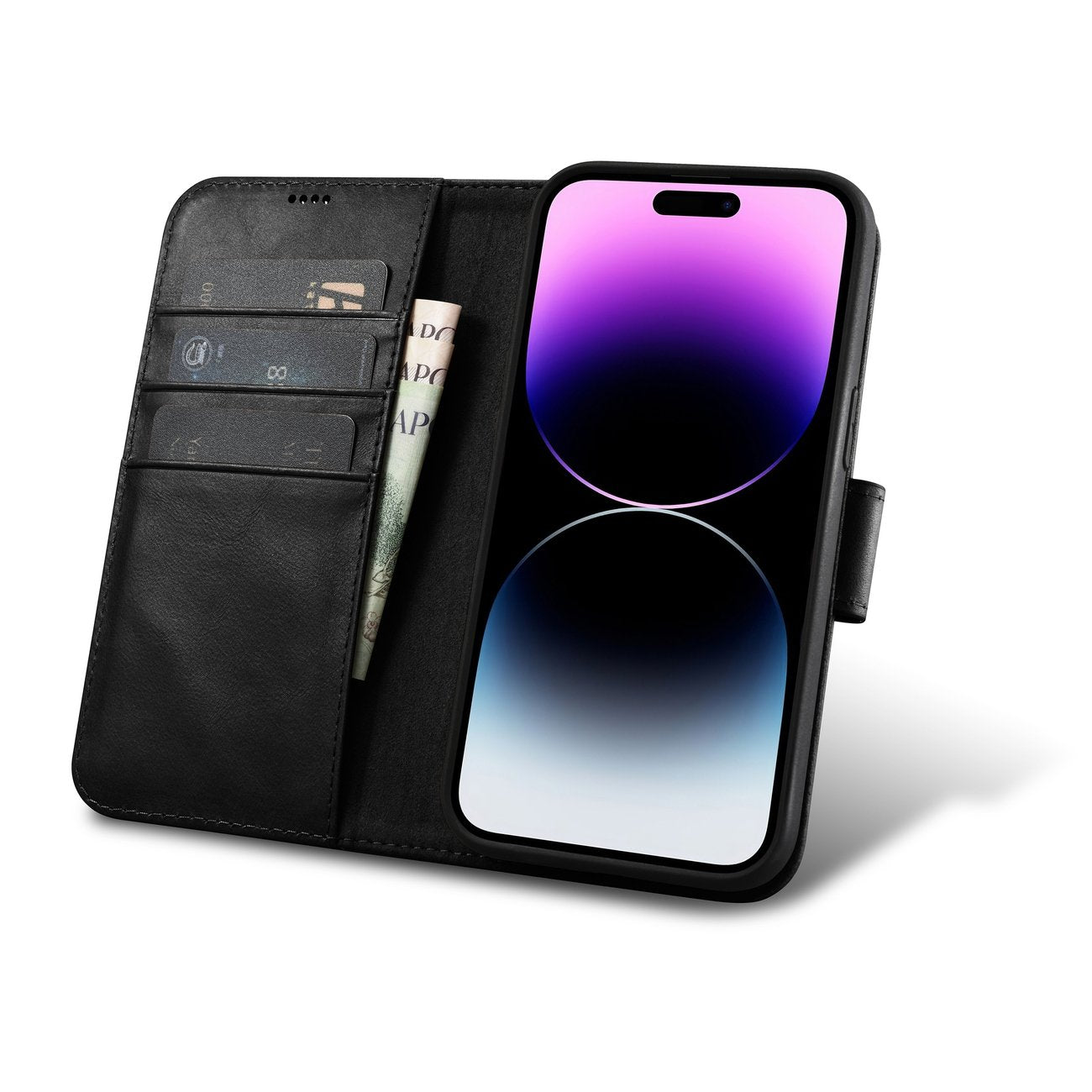 2-i-1 läder Flip Cover iPhone 14 Pro Anti-RFID Oil Wax Plånboksfodral Svart