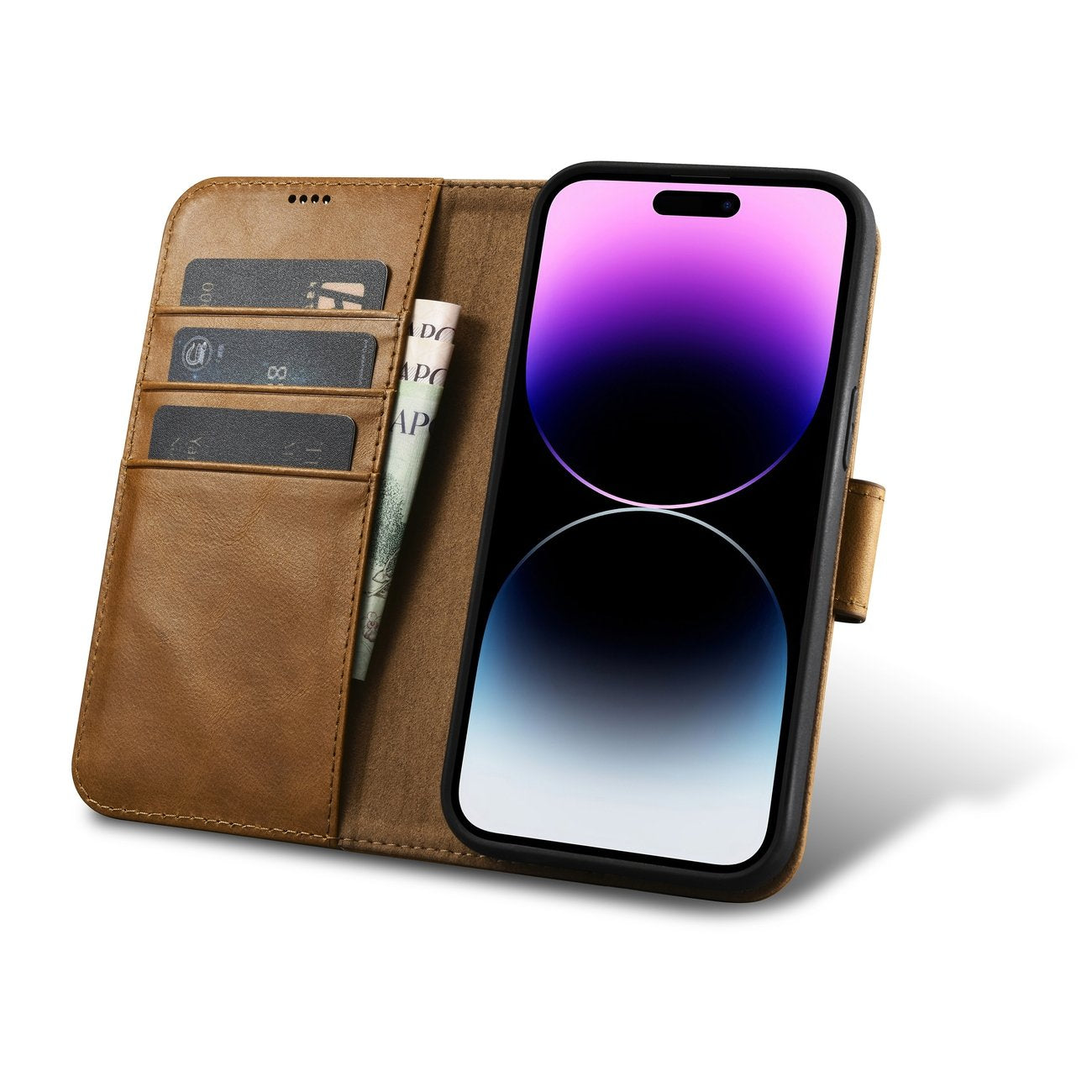 2-i-1 läder Flip Cover iPhone 14 Pro Max Anti-RFID oljevax plånboksfodral ljusbrunt