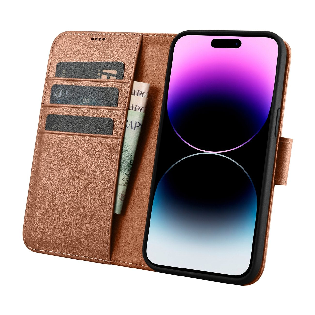 2-i-1 läderfodral med flik iPhone 14 Pro Anti-RFID Plånboksfodral brun