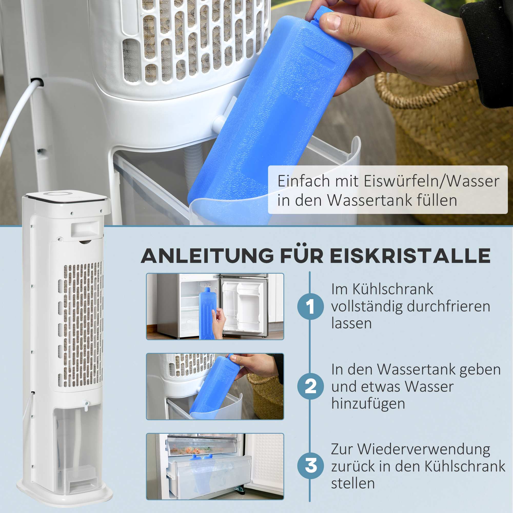 2-i-1 luftkylare med 5 liters tank, 12 timmars timer, för 20㎡