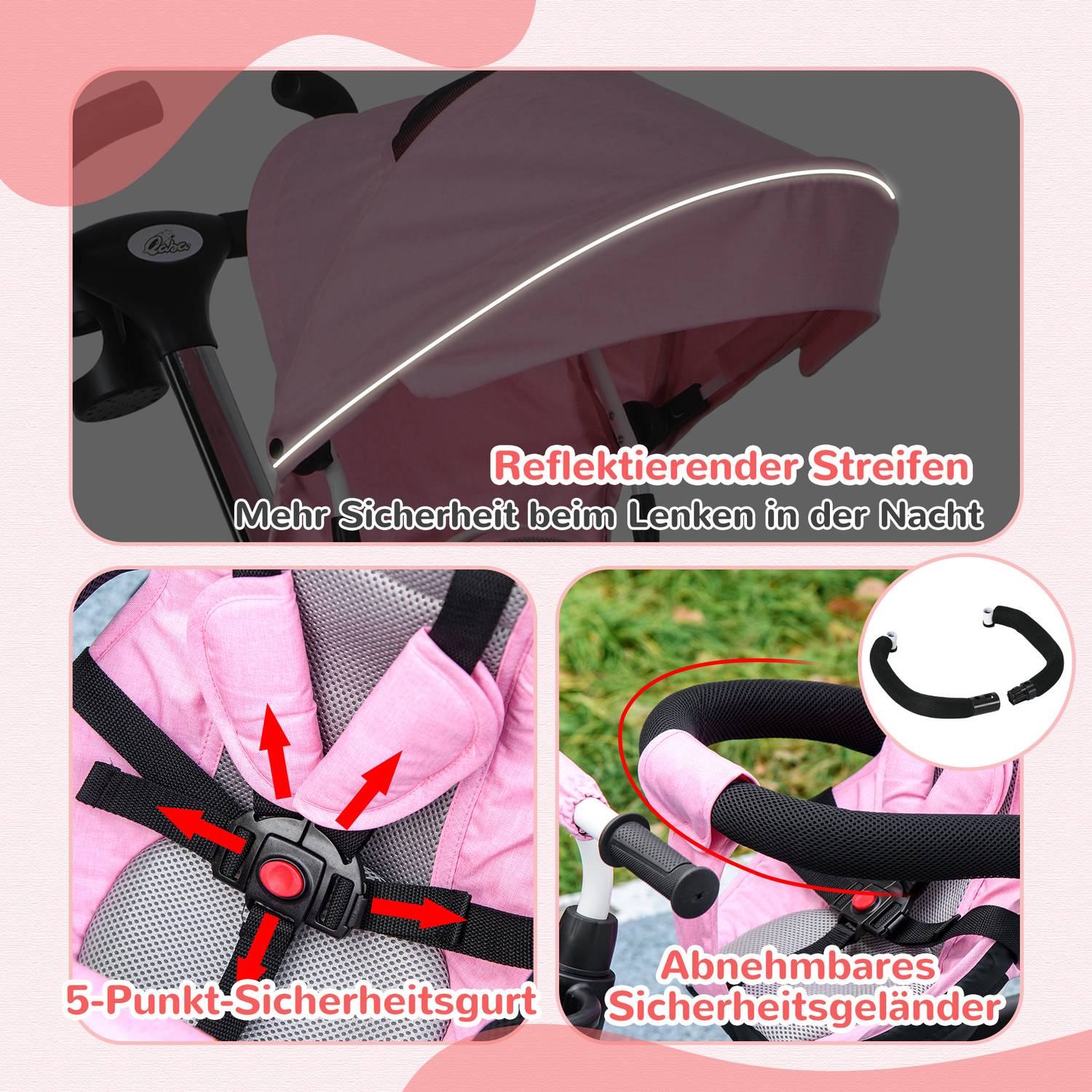 2-i-1 rosa trehjuling med kapell, säkerhetsbälte och korg