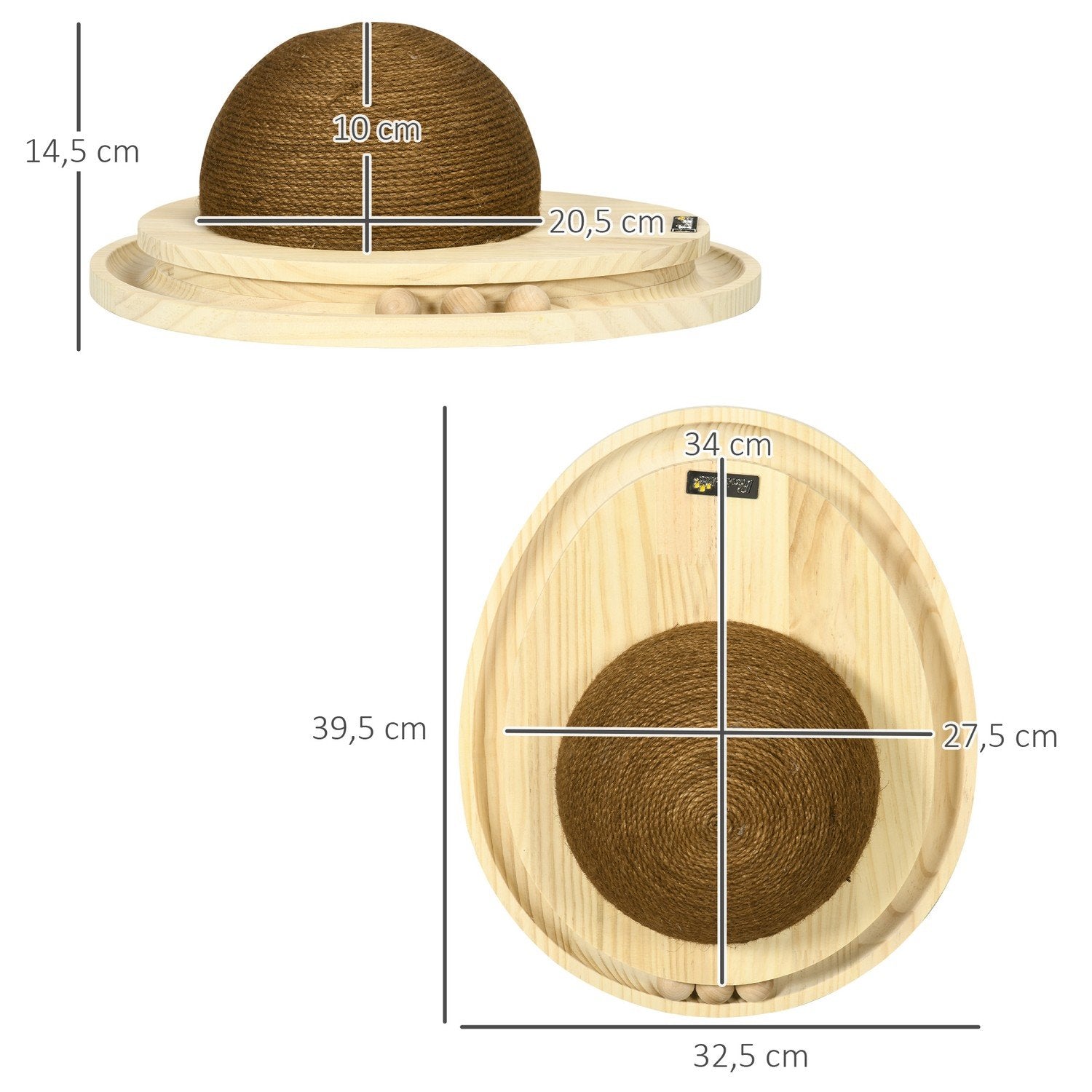 Interaktiv katteleke 2-i-1 skrapeleke med skrapebrett og marmorbane, jute, furu, naturlig + kaffe, 39,5X32,5X14,5 cm