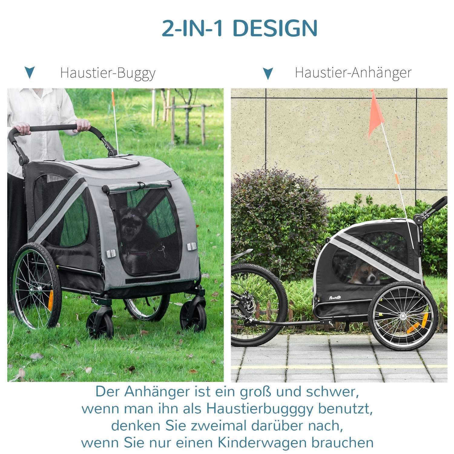 Hundehenger og hundevogn 2-i-1 hundesykkelvogn med reflekser, for mellomstore hunder opptil 20 kg, Oxford-stoff, grå