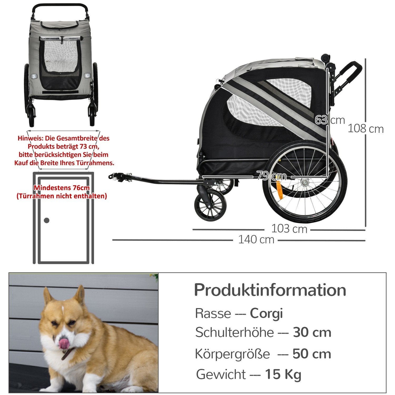 Hundehenger og hundevogn 2-i-1 hundesykkelvogn med reflekser, for mellomstore hunder opptil 20 kg, Oxford-stoff, grå