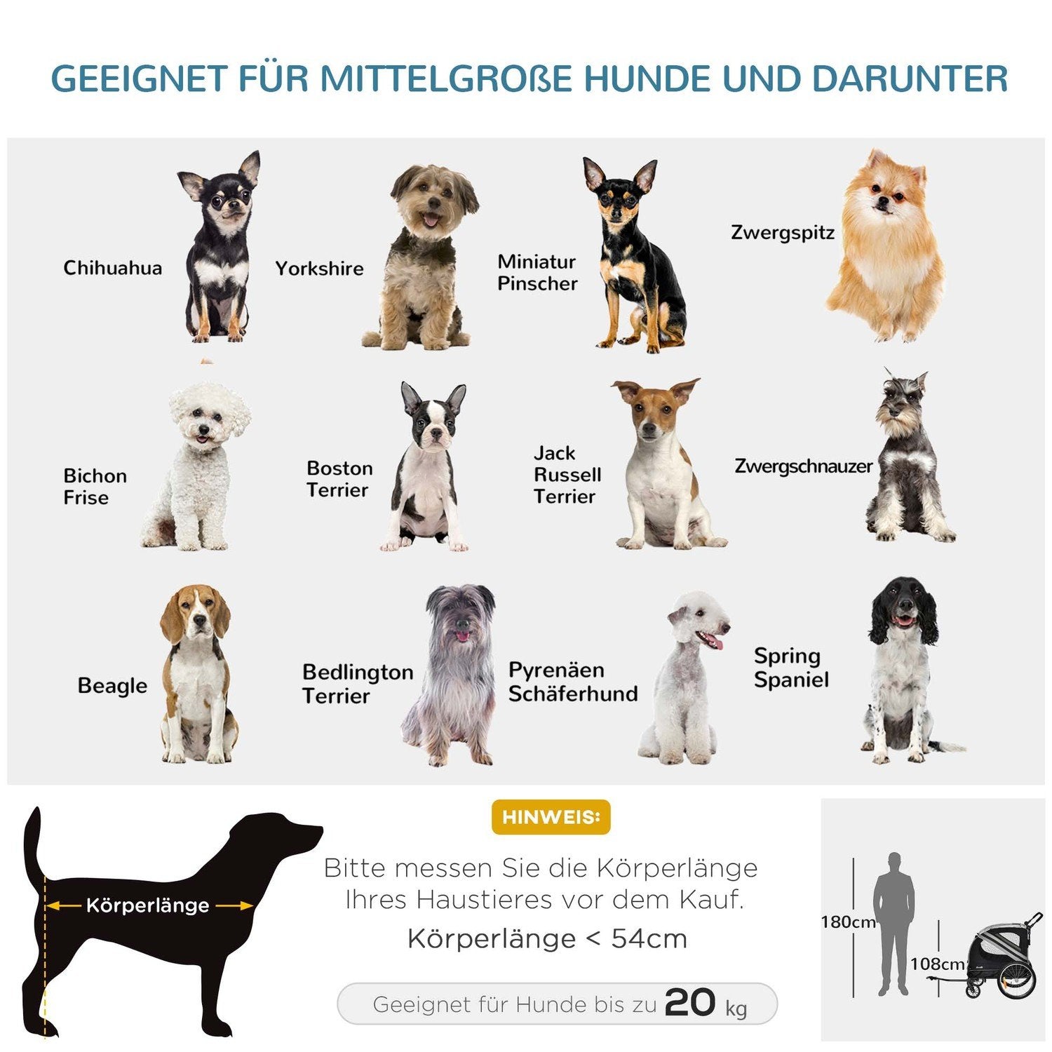 Hundehenger og hundevogn 2-i-1 hundesykkelvogn med reflekser, for mellomstore hunder opptil 20 kg, Oxford-stoff, grå