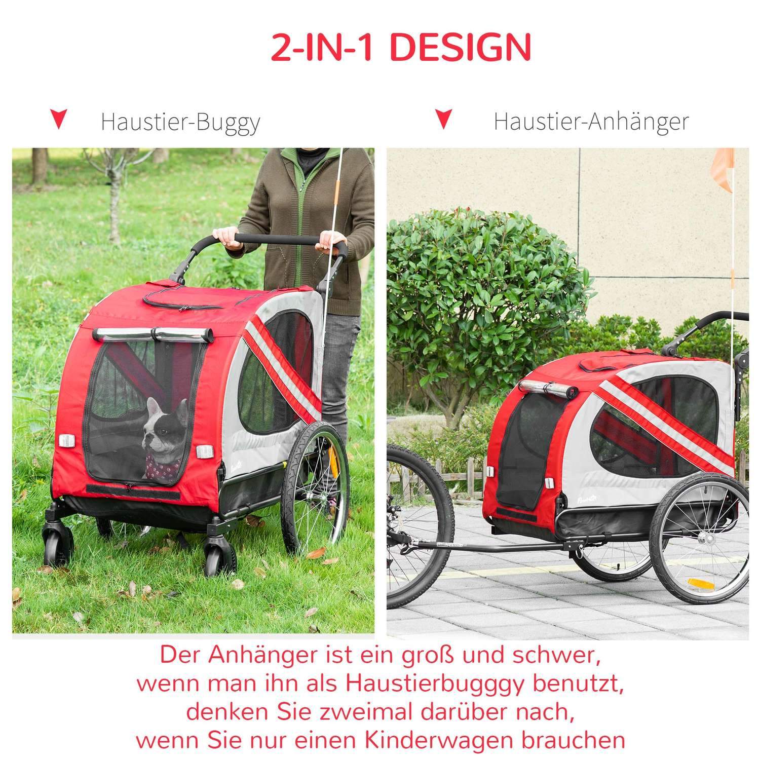 2-i-1 hundehenger og hundevogn, hundesykkelvogn, sykkelvogn, med reflekser for mellomstore hunder opptil 20 kg, Oxford-stoff