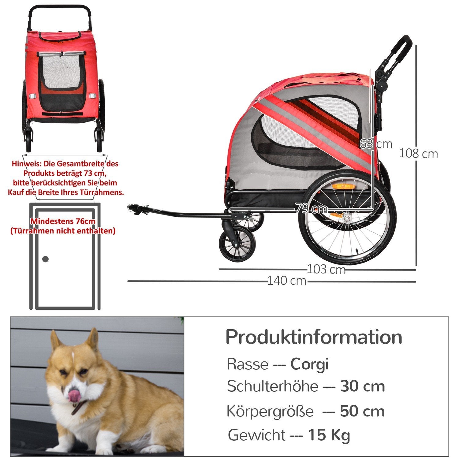 2-i-1 hundehenger og hundevogn, hundesykkelvogn, sykkelvogn, med reflekser for mellomstore hunder opptil 20 kg, Oxford-stoff