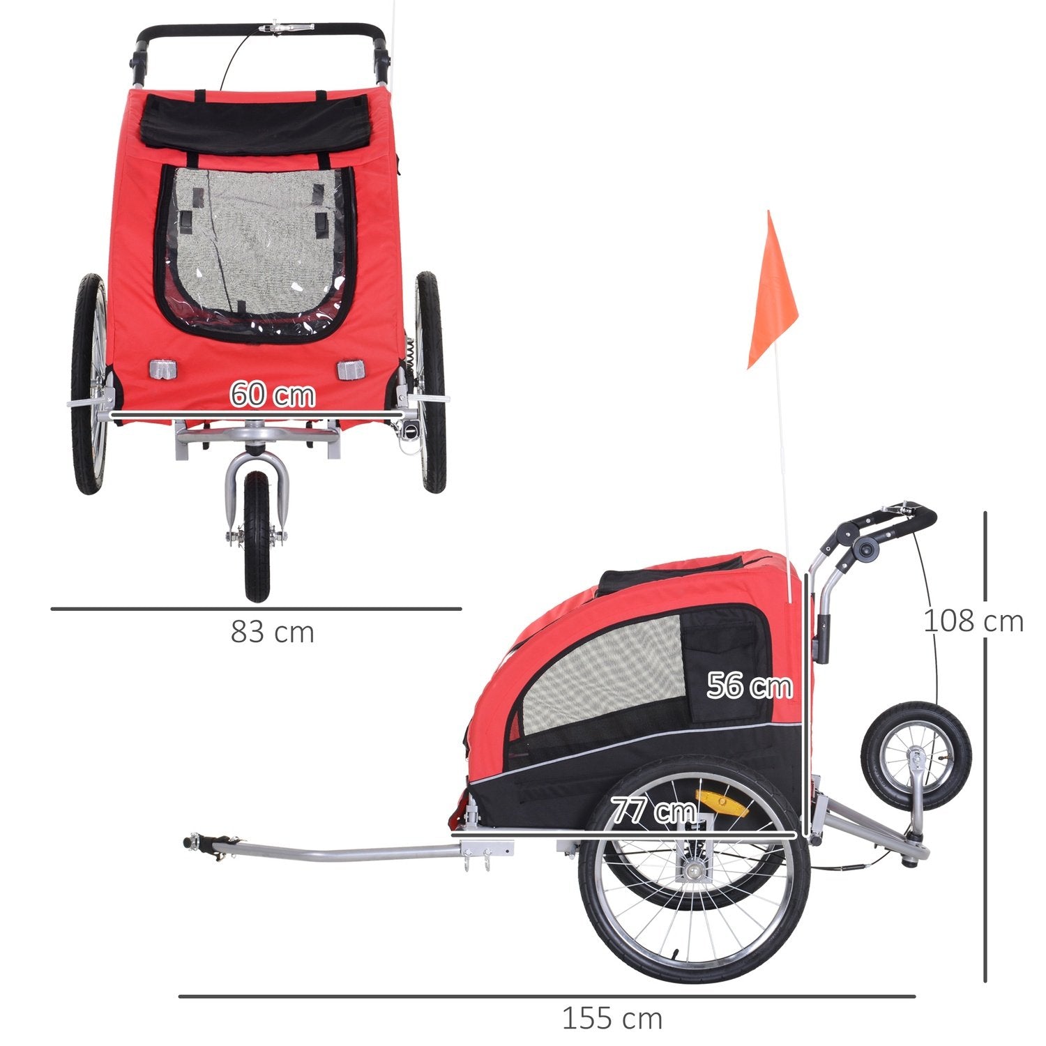 Hundehenger Jogger Sykkelhenger Hundesykkelhenger Rød+Sort 155 X 83 X 108 Cm