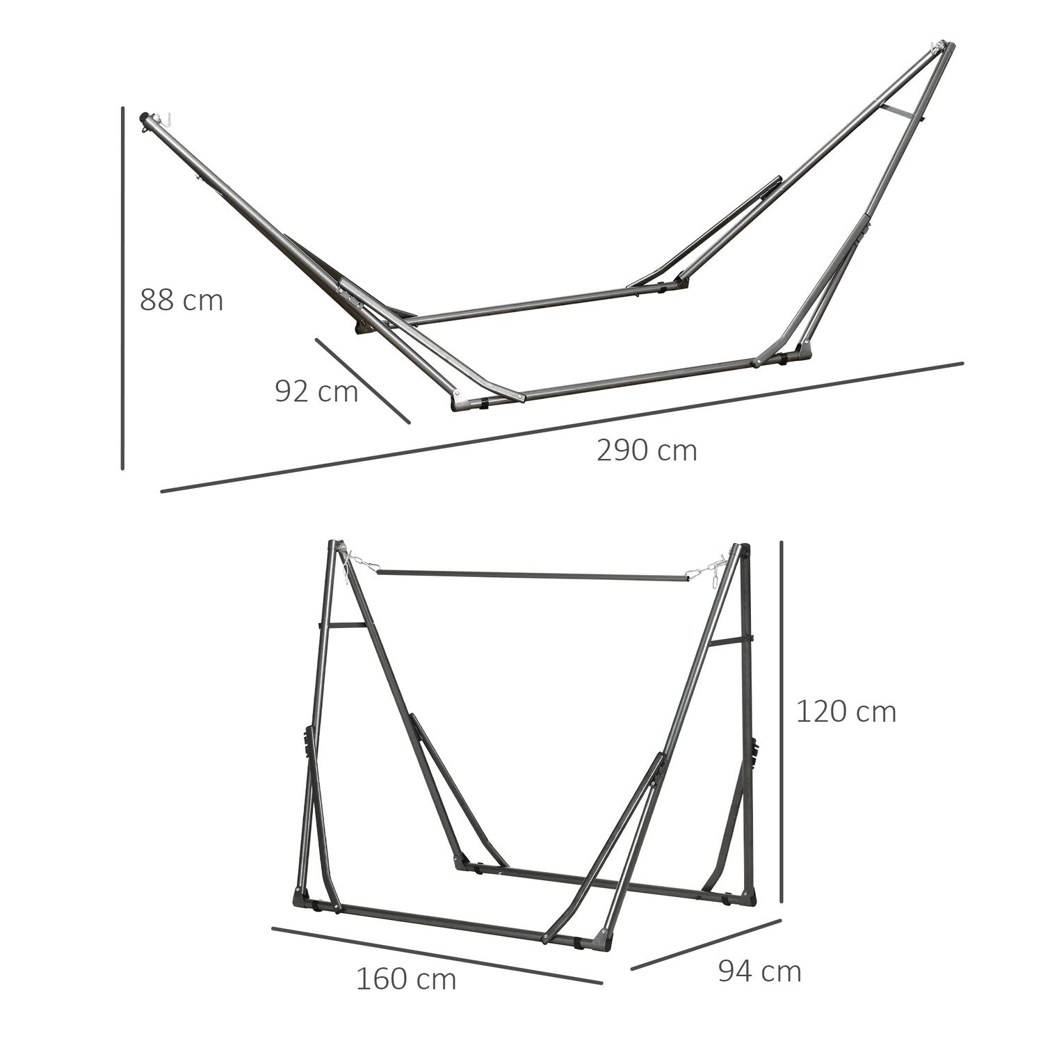 Hengekøyeramme for hengekøye, sammenleggbart 2-i-1 hengekøyestativ, kleshenger for uteplass, lastekapasitet opptil 120 kg, 290 x 92 x 88 cm