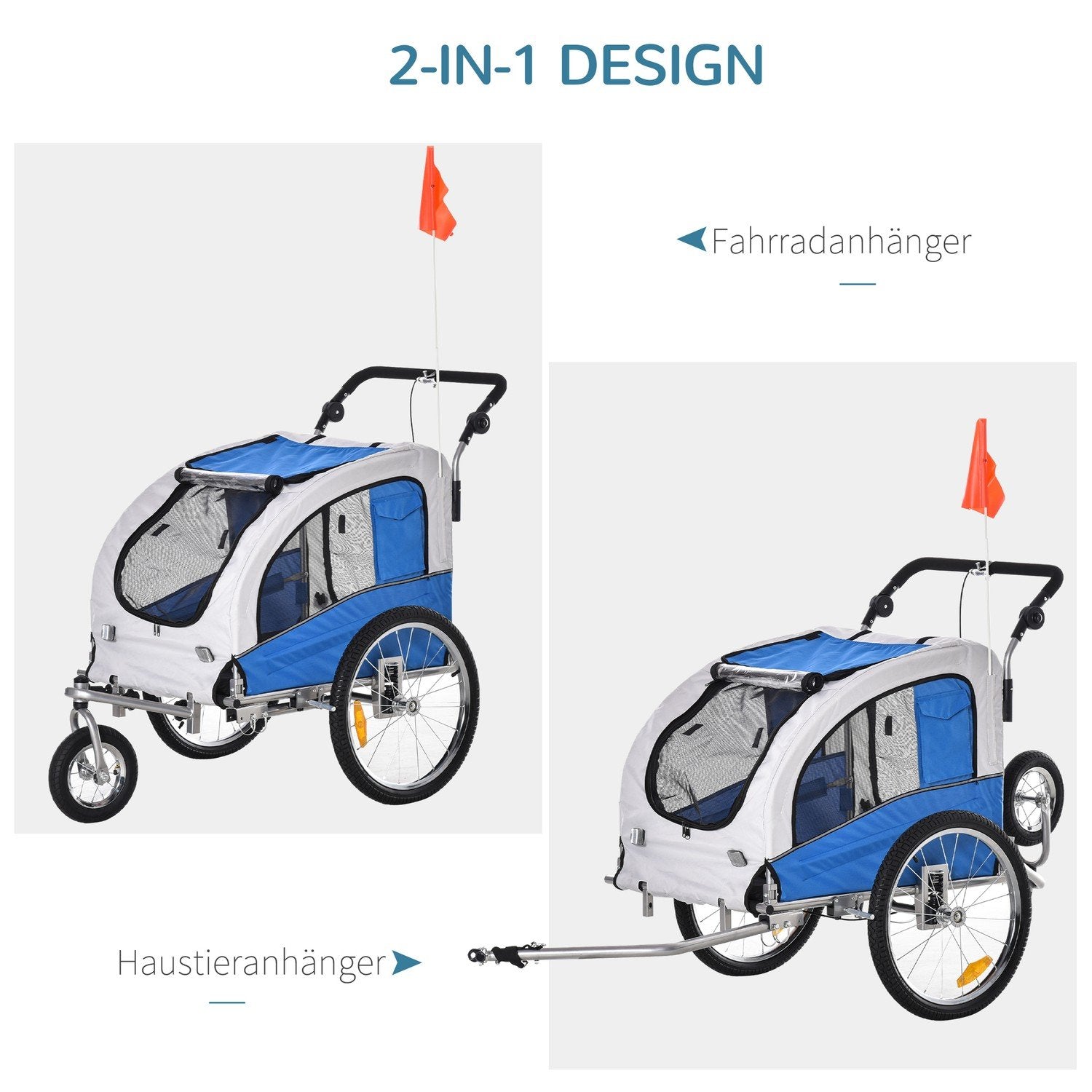 2 I 1 Hundsläp Jogger Cykelsläp Hundcykelvagn Blå + Grå 155 X 83 X 108 Cm