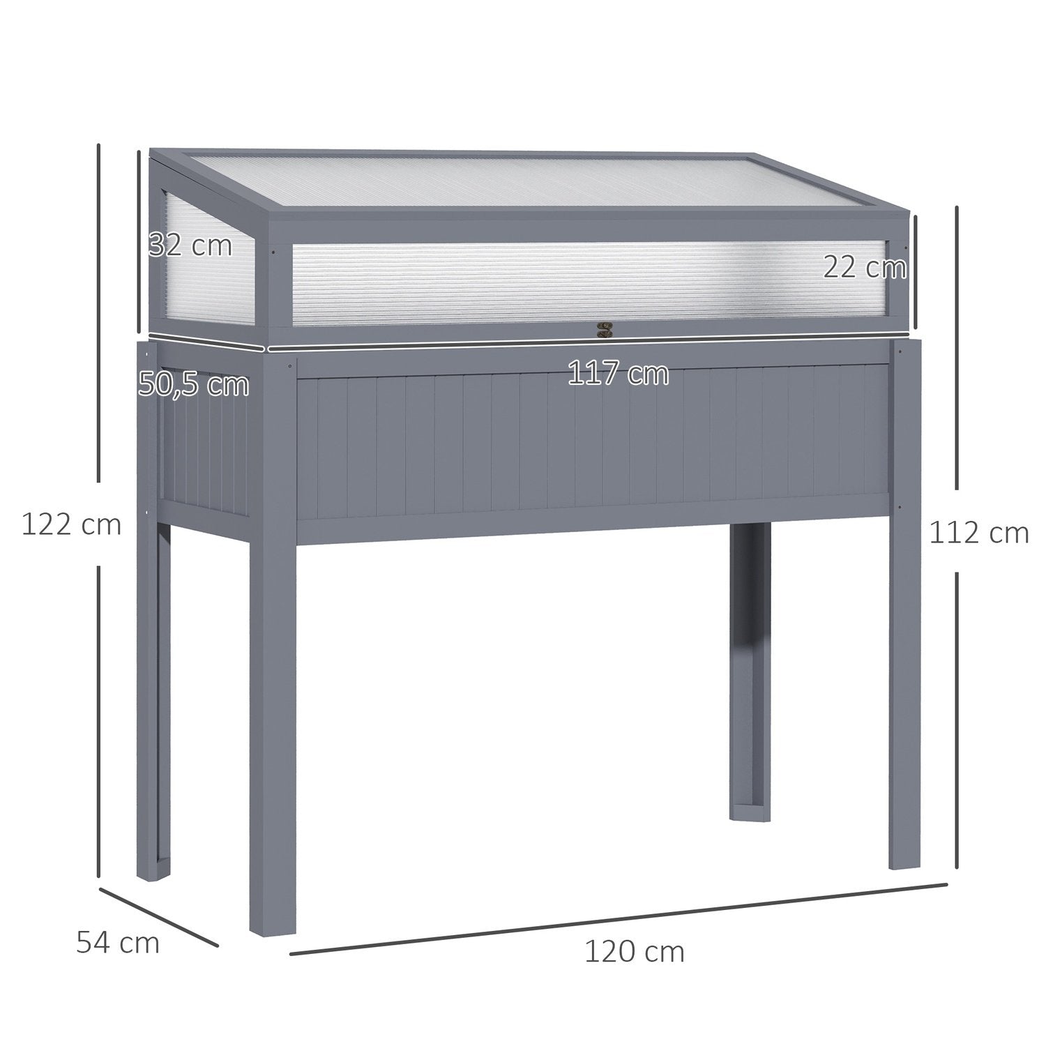 Opphøyd treseng med kald ramme 2-i-1 drivhus, tomathus, grønnsaksseng, polykarbonat, grå, 120X54X112/122 cm