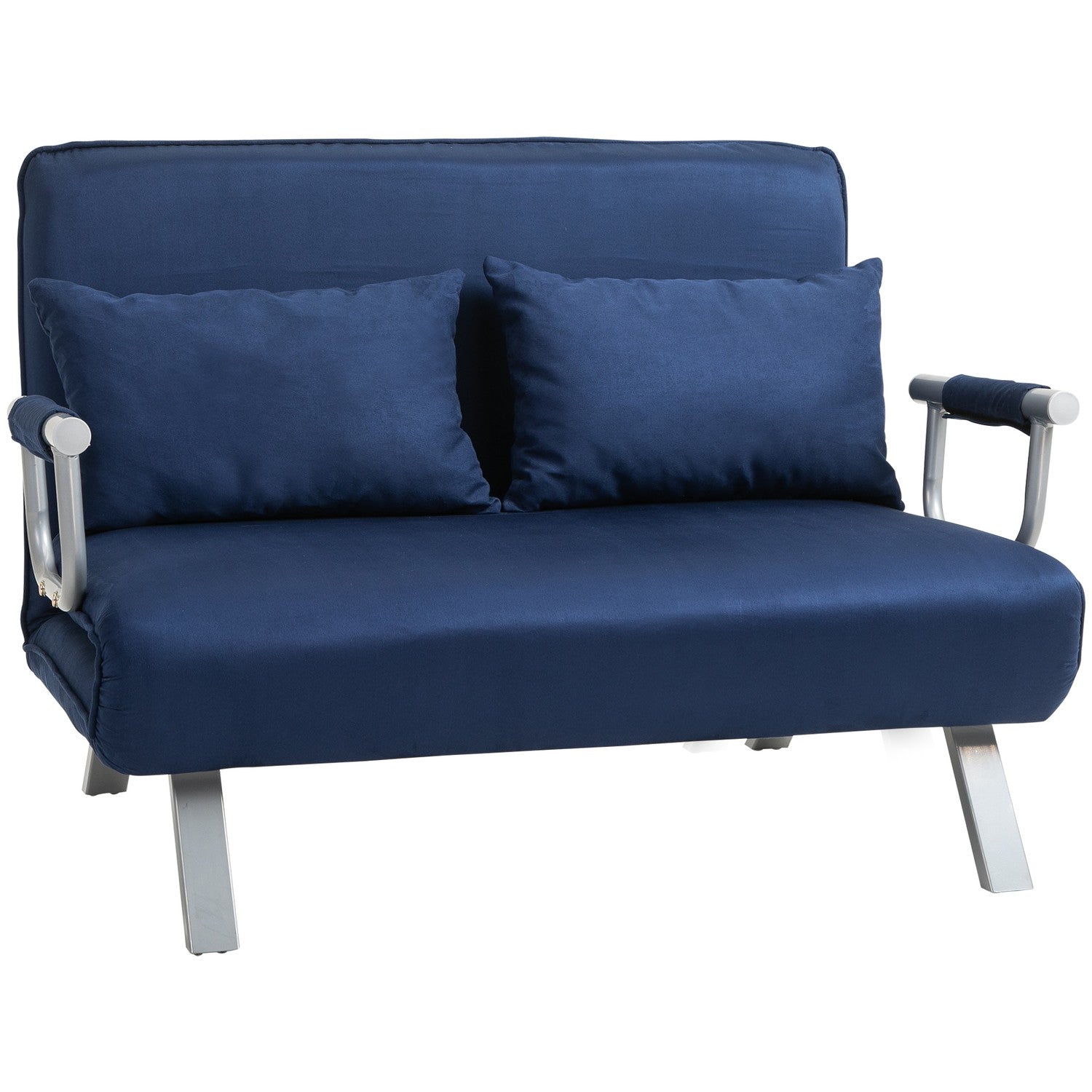 2-sits bäddsoffa i sammetslook, blå klädsel, justerbar rygg