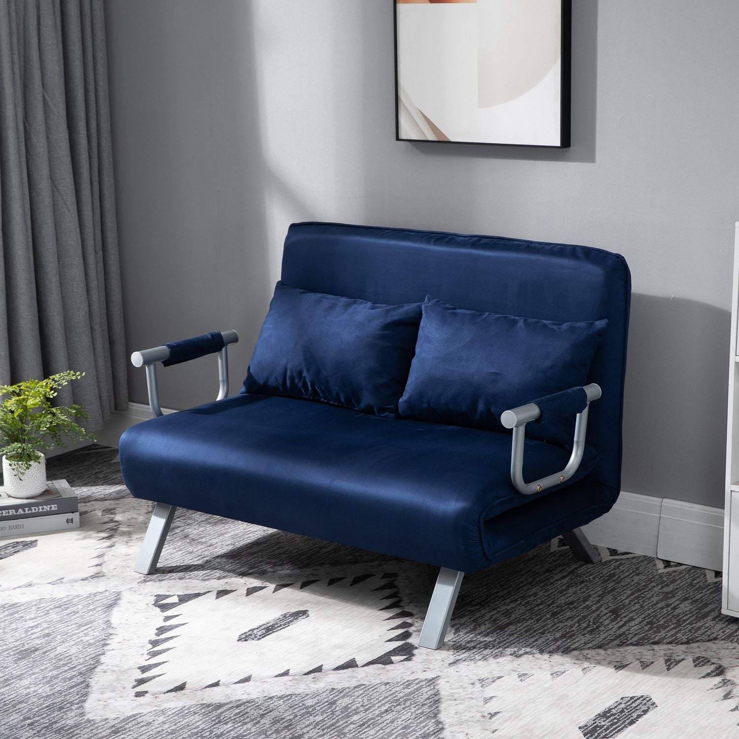 2-sits bäddsoffa i sammetslook, blå klädsel, justerbar rygg