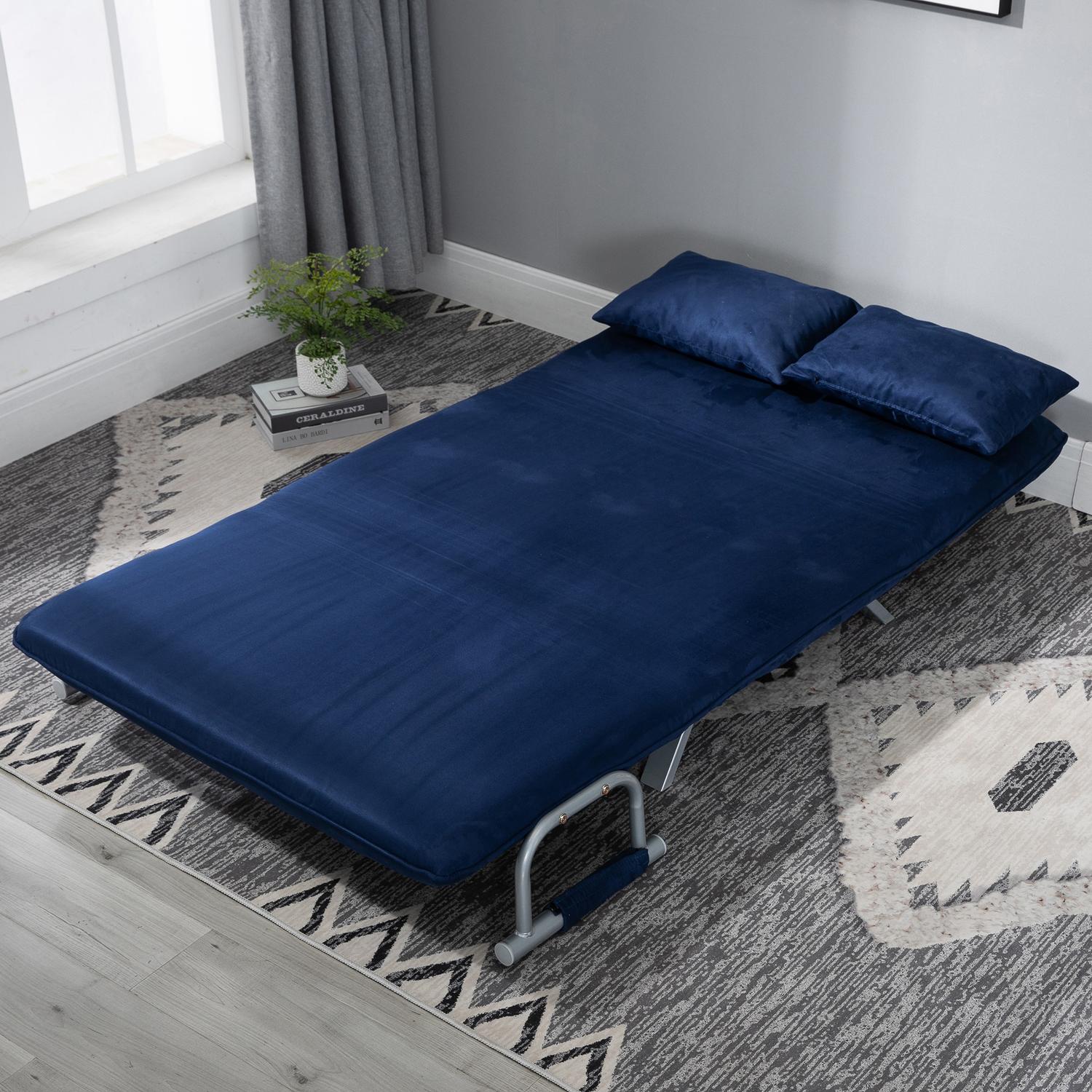 2-sits bäddsoffa i sammetslook, blå klädsel, justerbar rygg