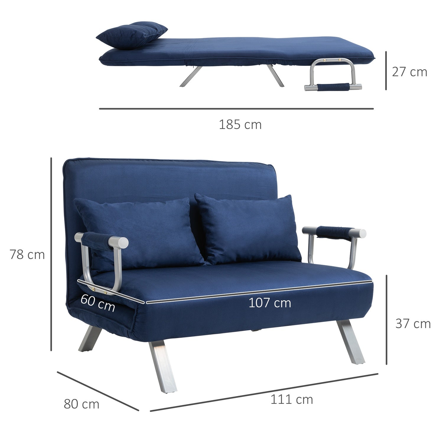 2-sits bäddsoffa i sammetslook, blå klädsel, justerbar rygg